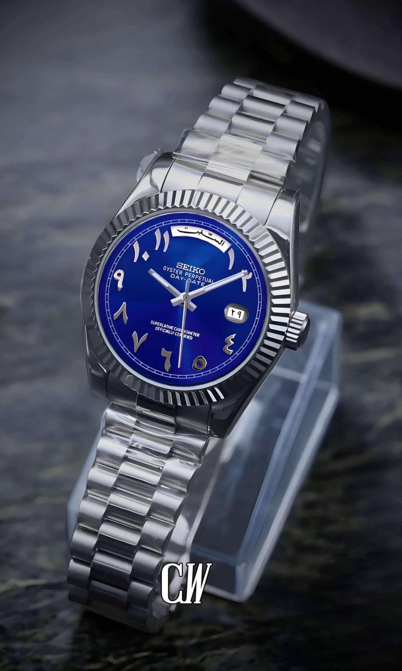 Seikojust mod daydate blue arabic automatic watch - Circa Watch Labs