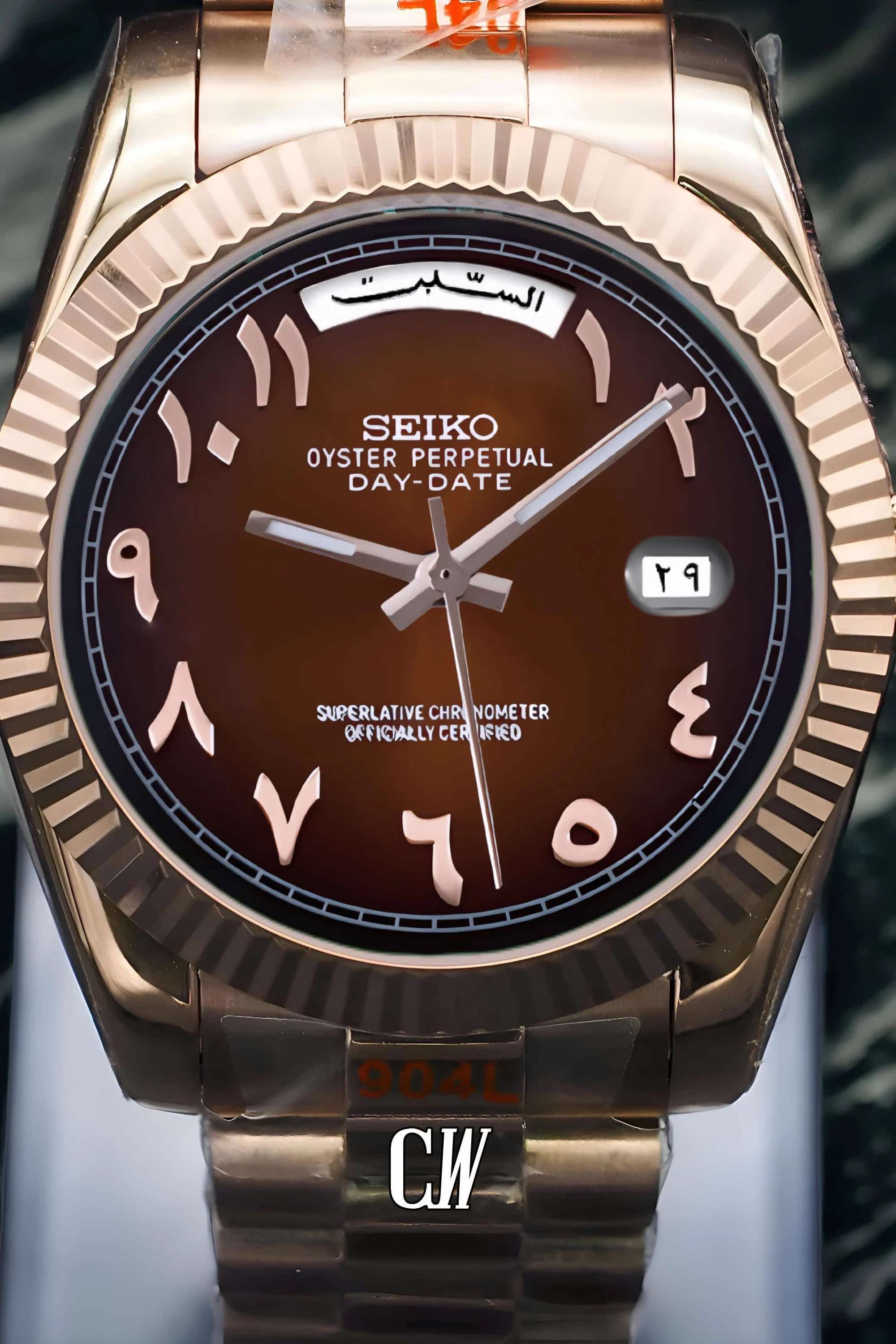 Seikojust mod daydate chocolate rose gold arabic dial automatic watch - Circa Watch Labs
