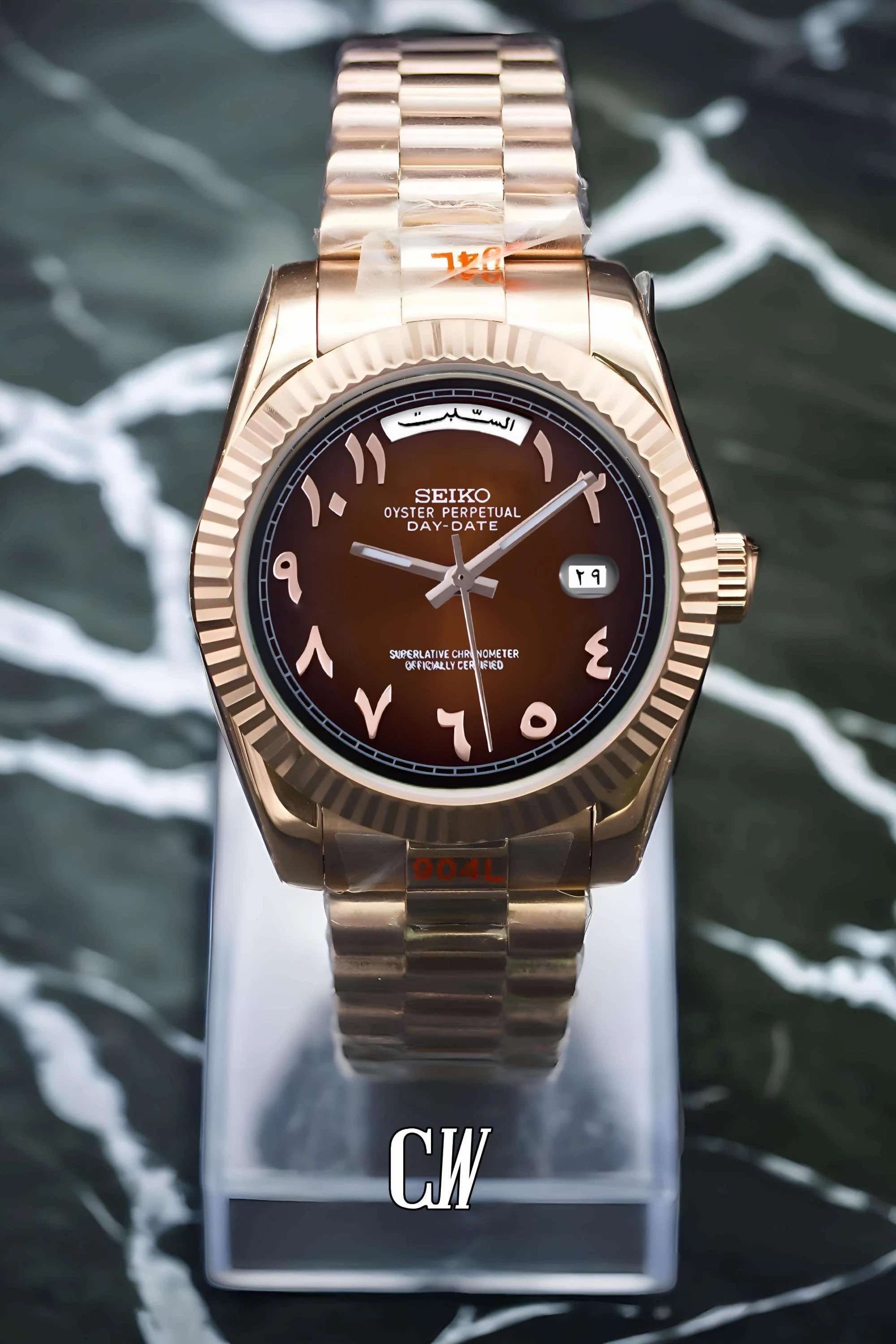 Seikojust mod daydate chocolate rose gold arabic dial automatic watch - Circa Watch Labs