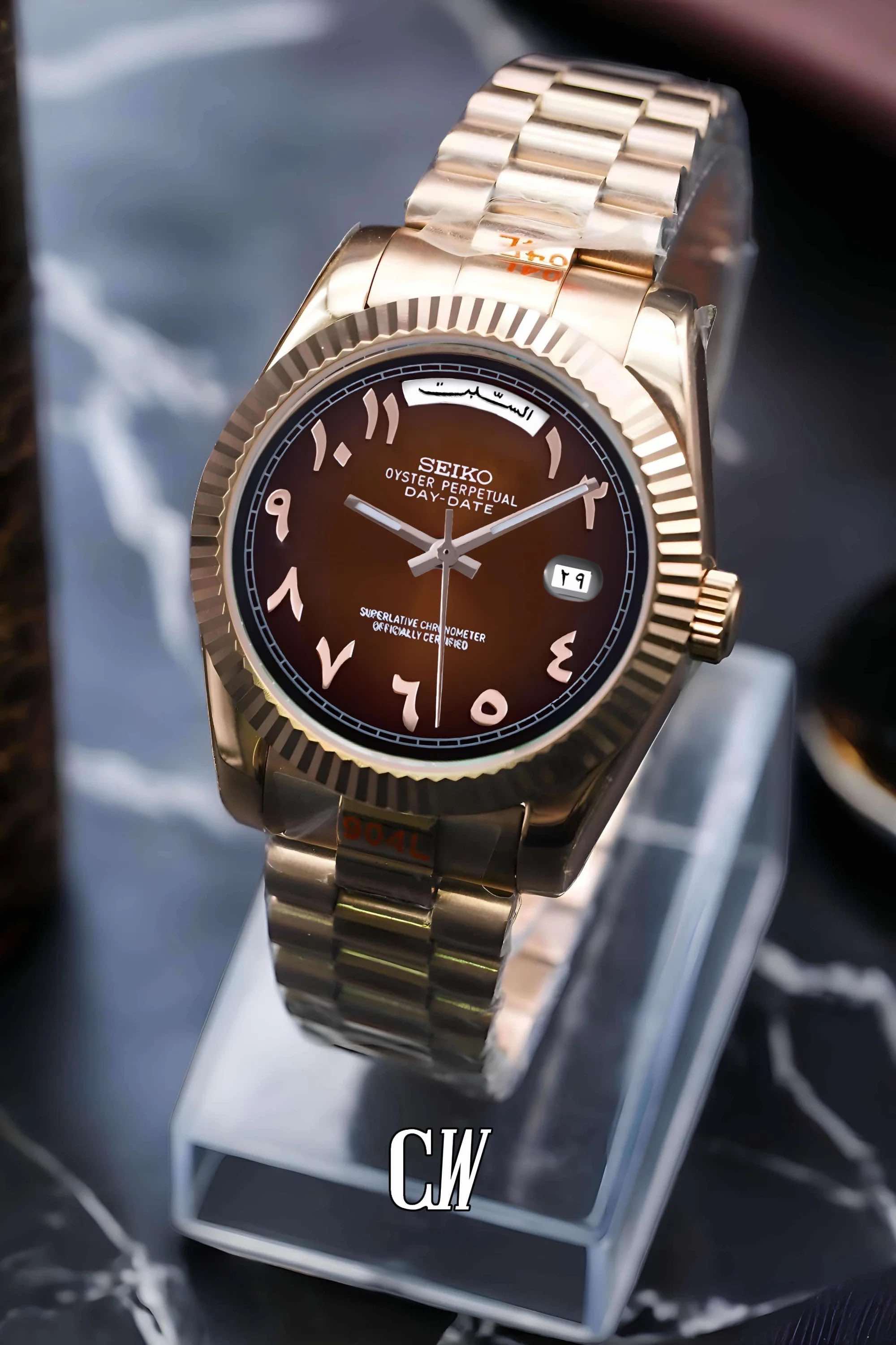 Seikojust mod daydate chocolate rose gold arabic dial automatic watch - Circa Watch Labs