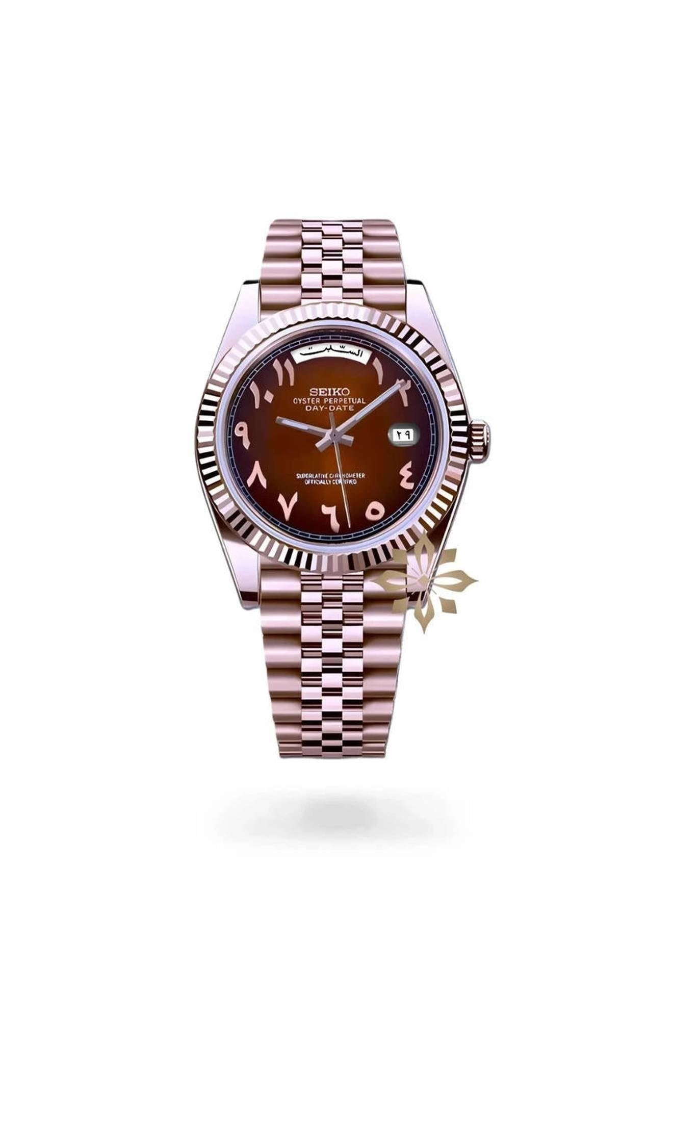 Seikojust mod daydate chocolate rose gold arabic dial automatic watch - Circa Watch Labs