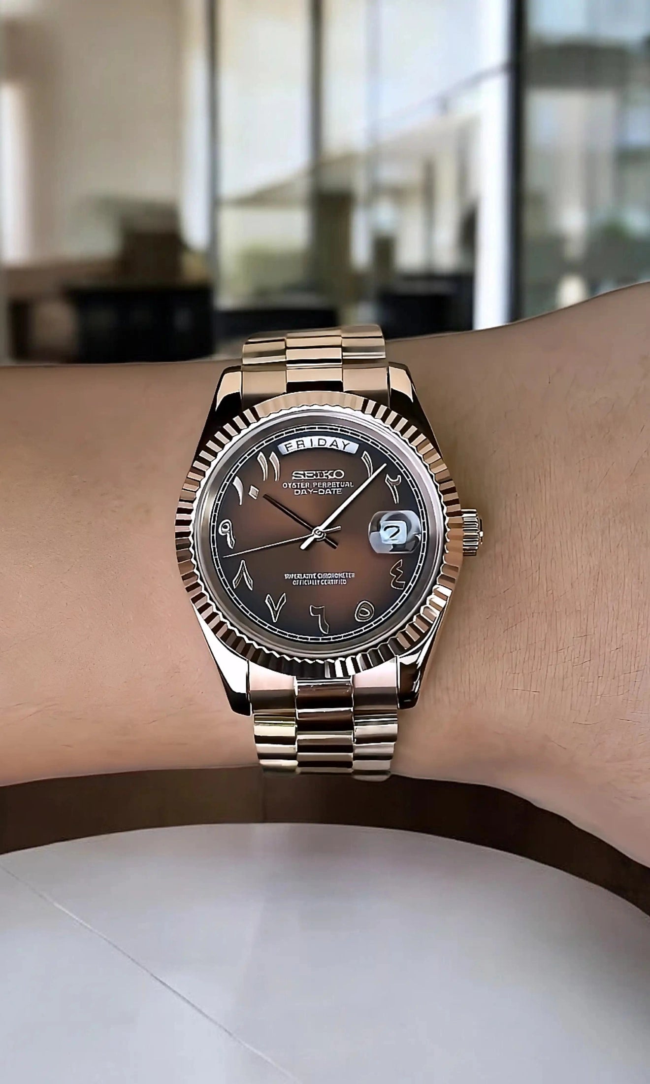 Seikojust mod daydate chocolate rose gold arabic dial automatic watch - Circa Watch Labs seiko mod