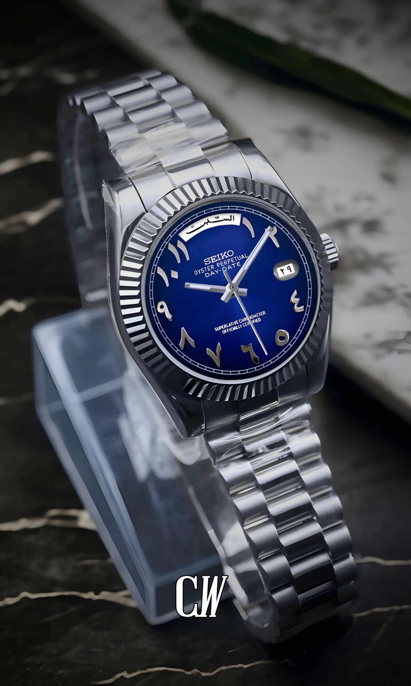 Seikojust mod daydate dark blue arabic automatic watch - Circa Watch Labs