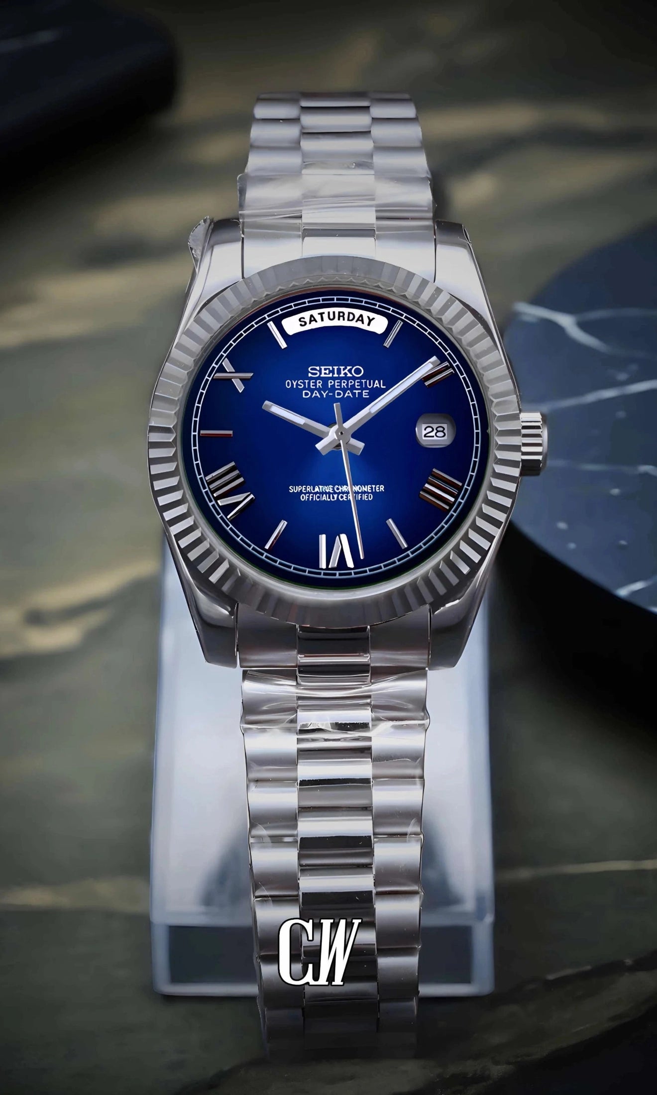 Seikojust mod daydate dark blue roman numeral automatic watch - Circa Watch Labs seiko mod