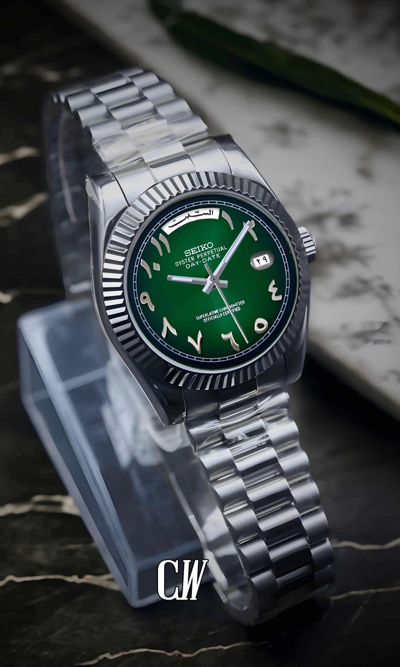 Seikojust mod daydate dark green arabic automatic watch - Circa Watch Labs seiko mod