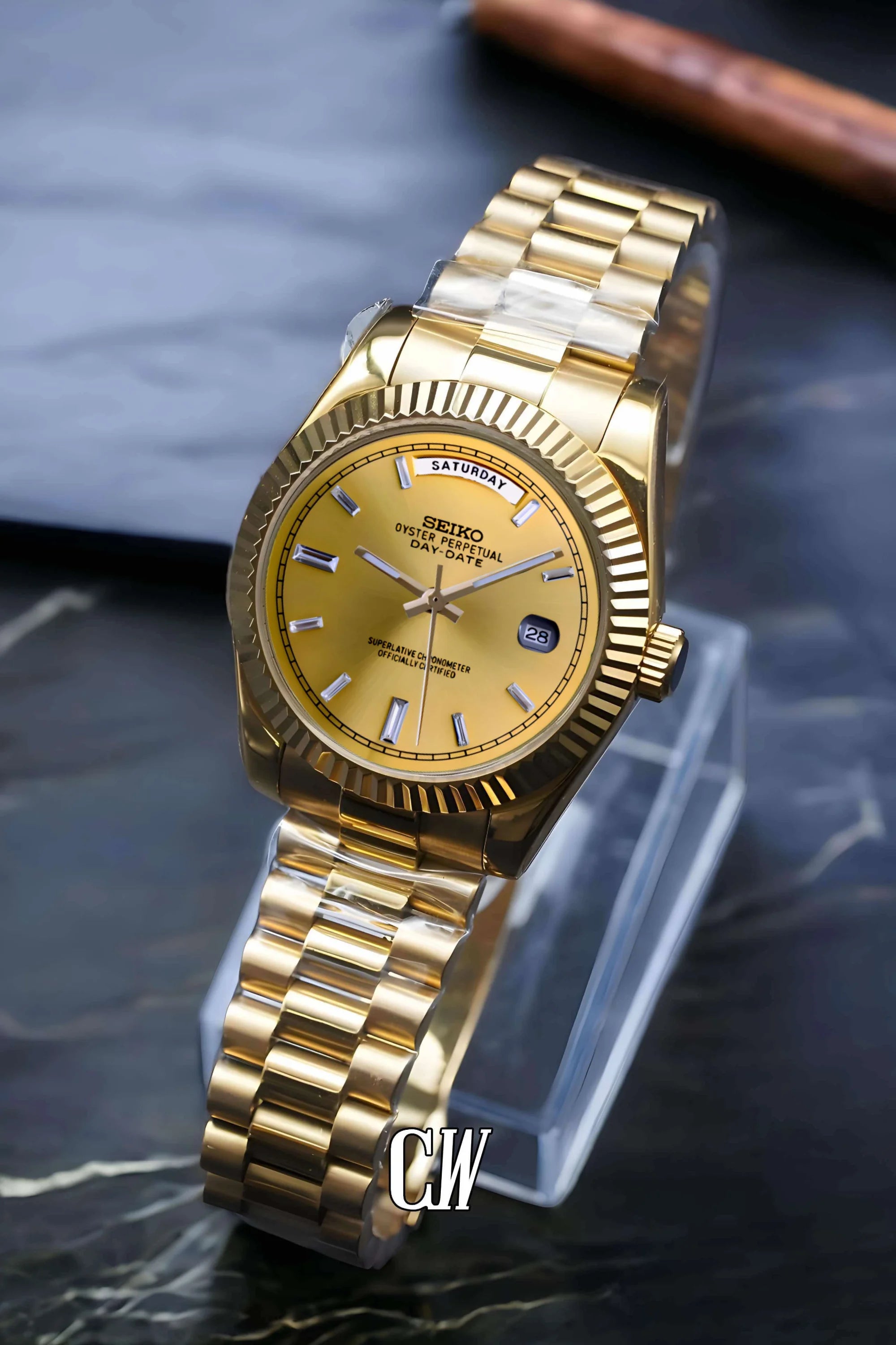Seikojust mod daydate gold baguette automatic watch - Circa Watch Labs