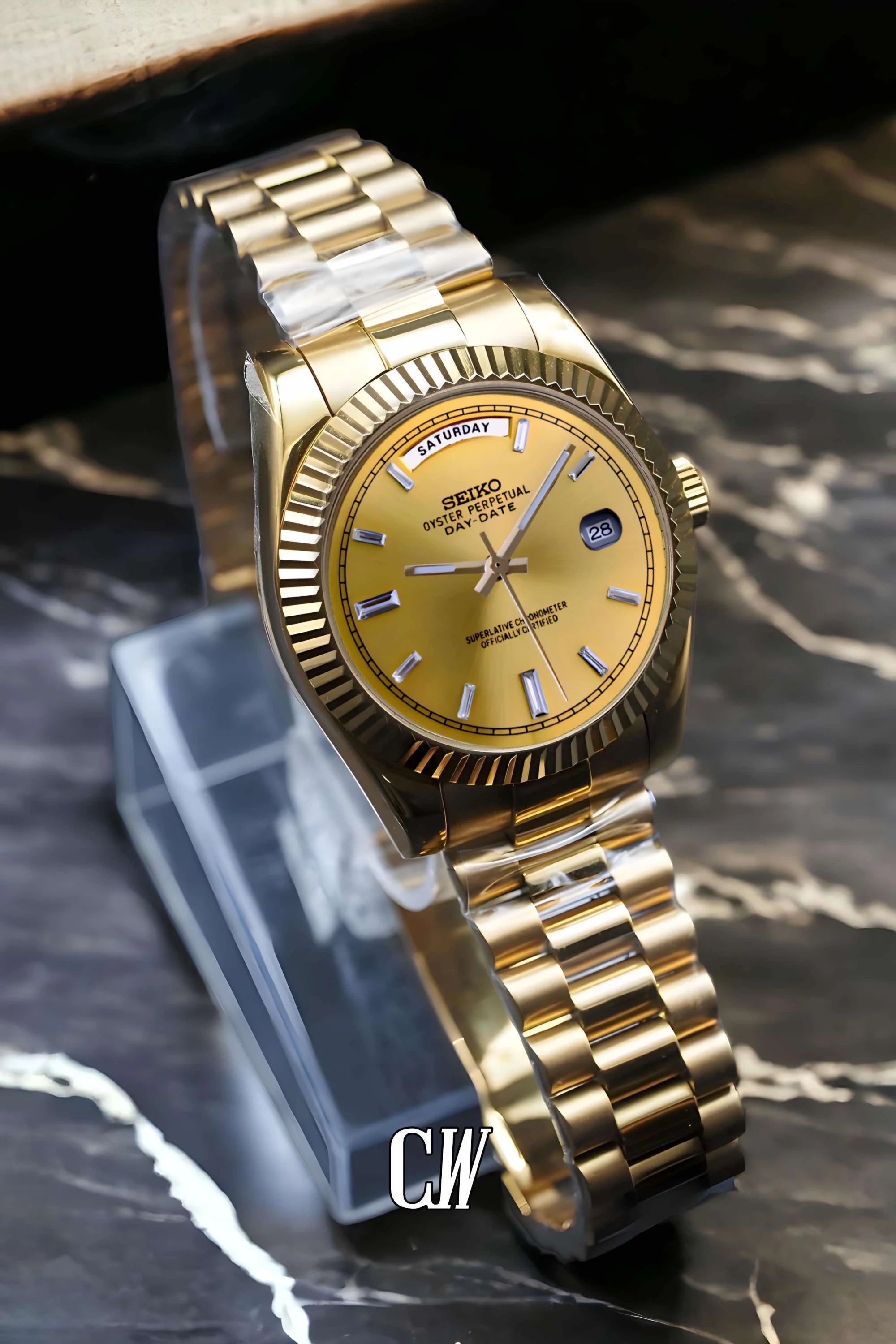 Seikojust mod daydate gold baguette automatic watch - Circa Watch Labs