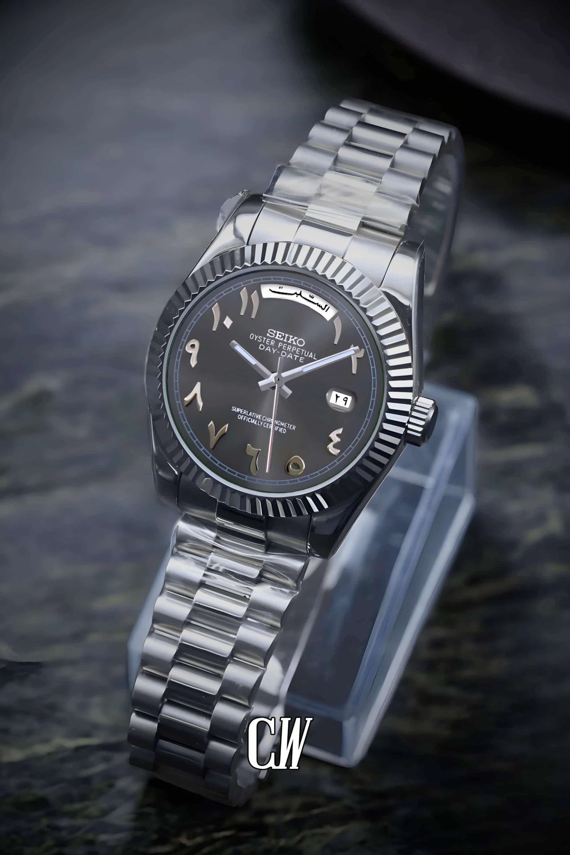 Seikojust mod daydate grey arabic automatic watch - Circa Watch Labs