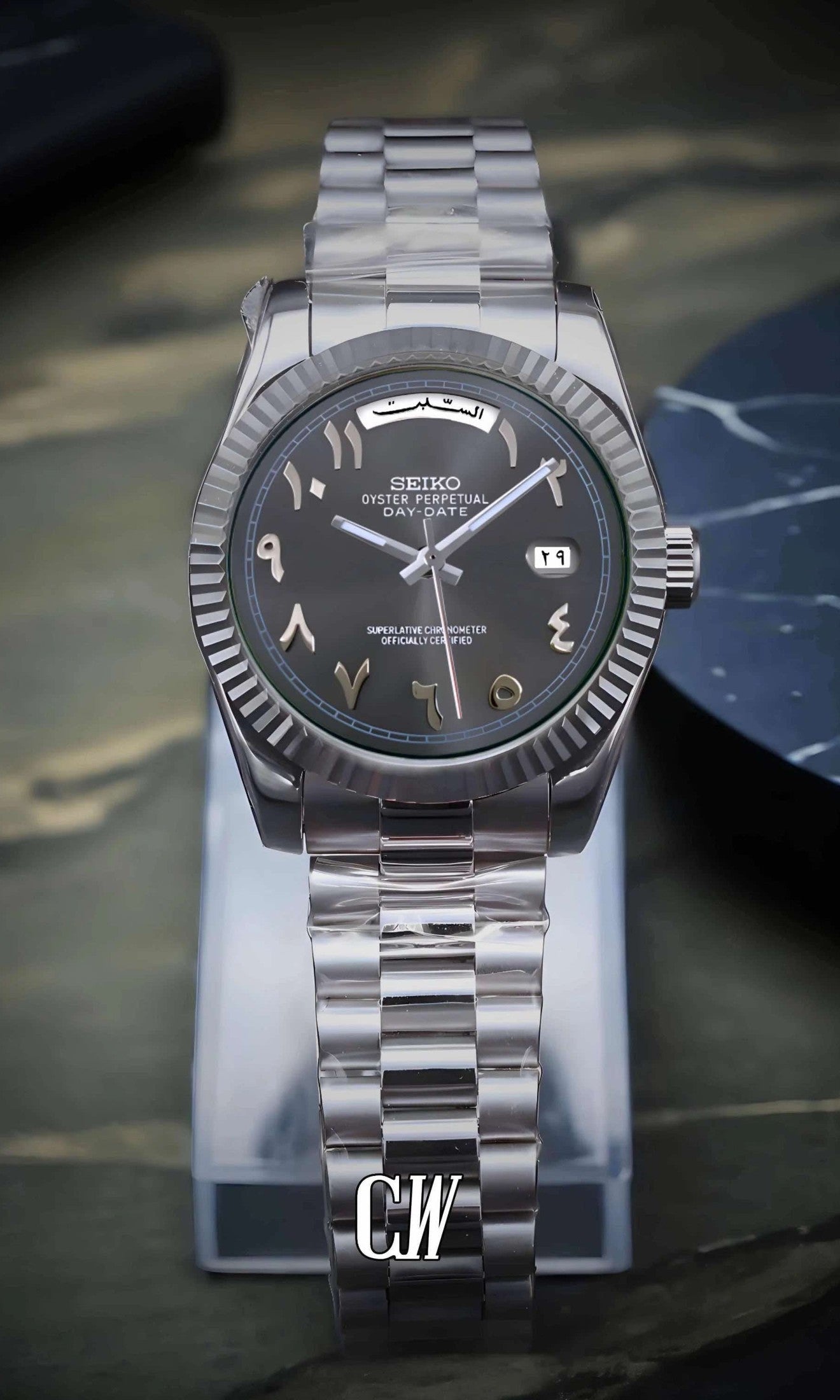 Seikojust mod daydate grey arabic automatic watch - Circa Watch Labs seiko mod