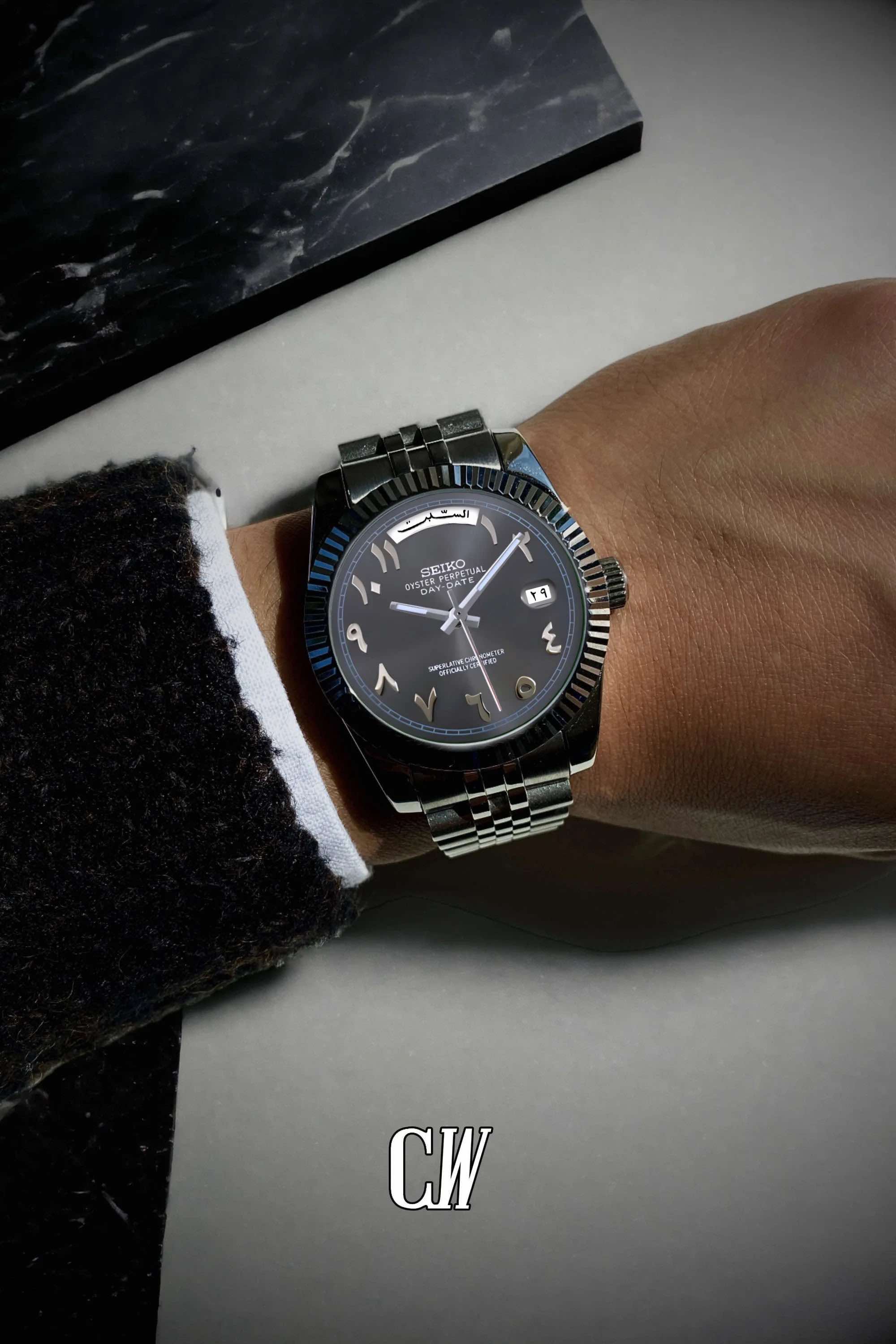 Seikojust mod daydate grey arabic automatic watch - Circa Watch Labs