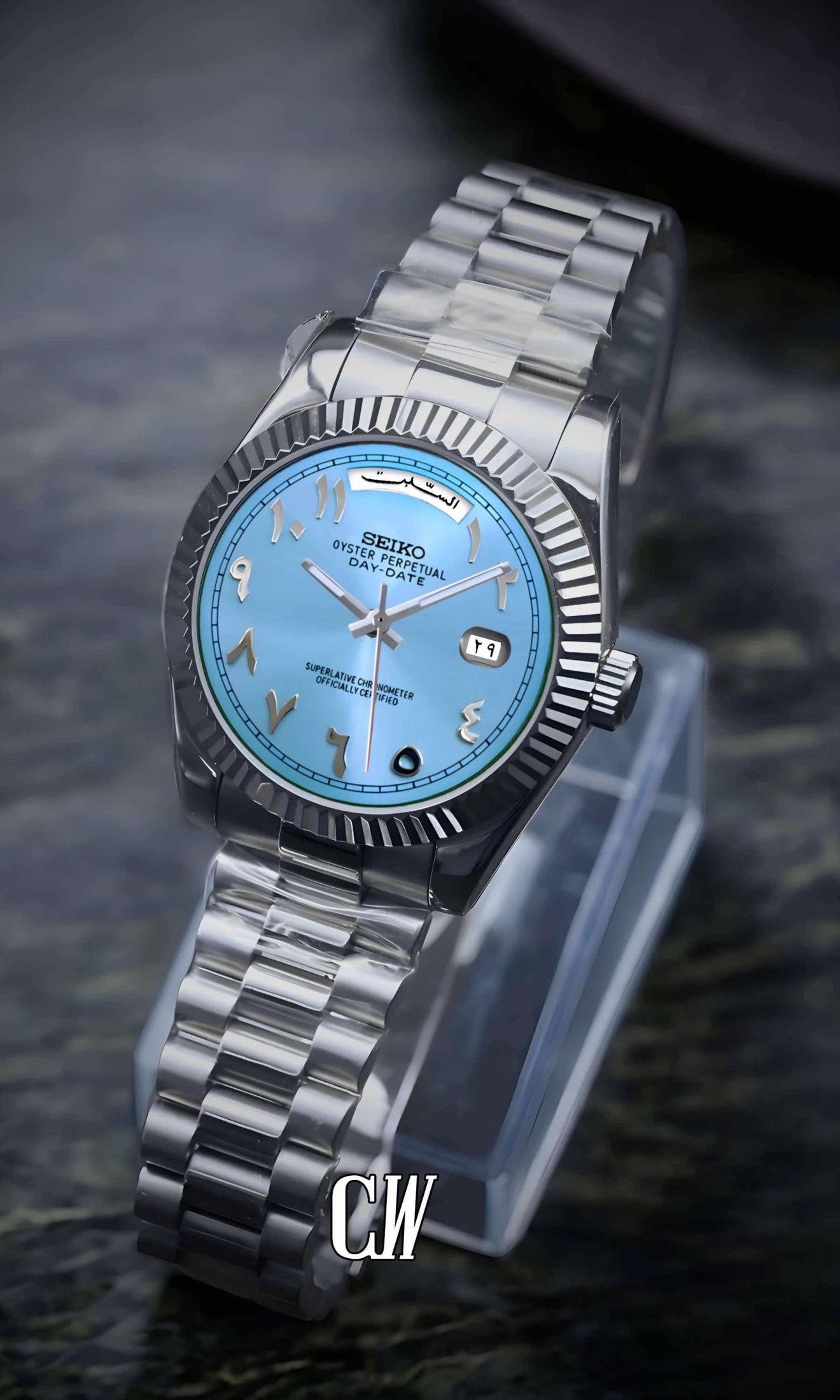 Seikojust mod daydate ice blue arabic automatic watch - Circa Watch Labs