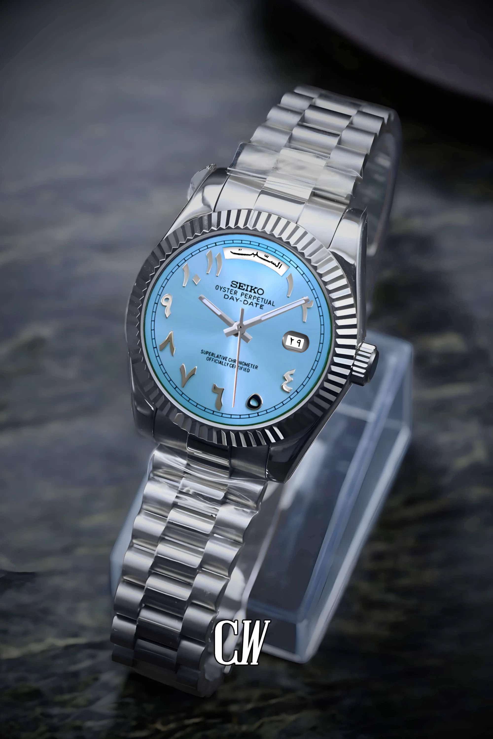 Seikojust mod daydate ice blue arabic automatic watch - Circa Watch Labs