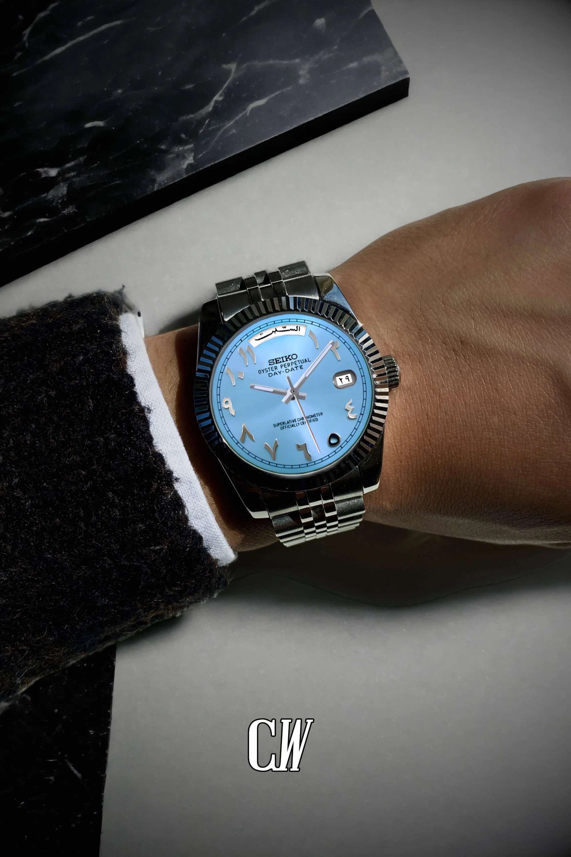 Seikojust mod daydate ice blue arabic automatic watch - Circa Watch Labs