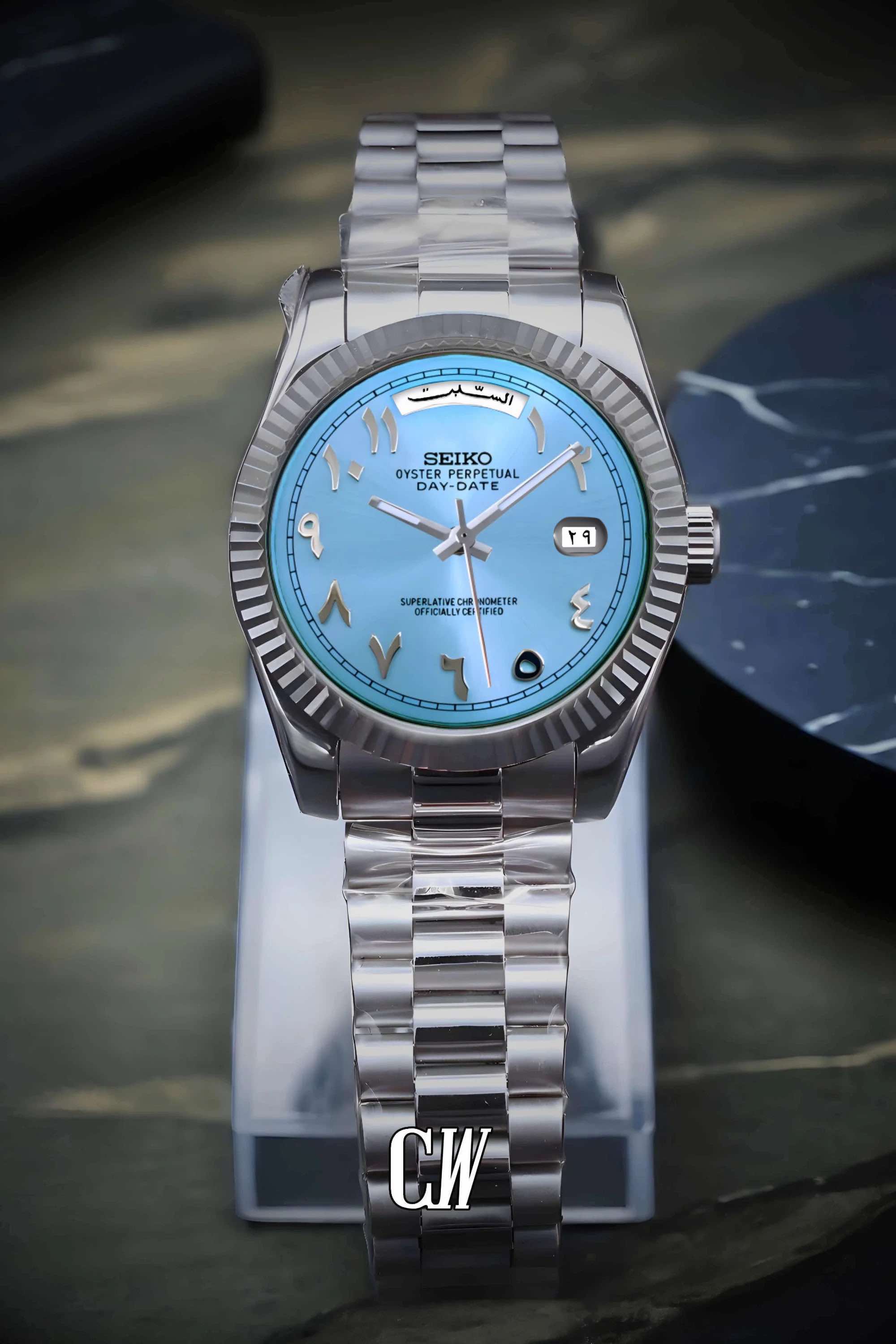Seikojust mod daydate ice blue arabic automatic watch - Circa Watch Labs
