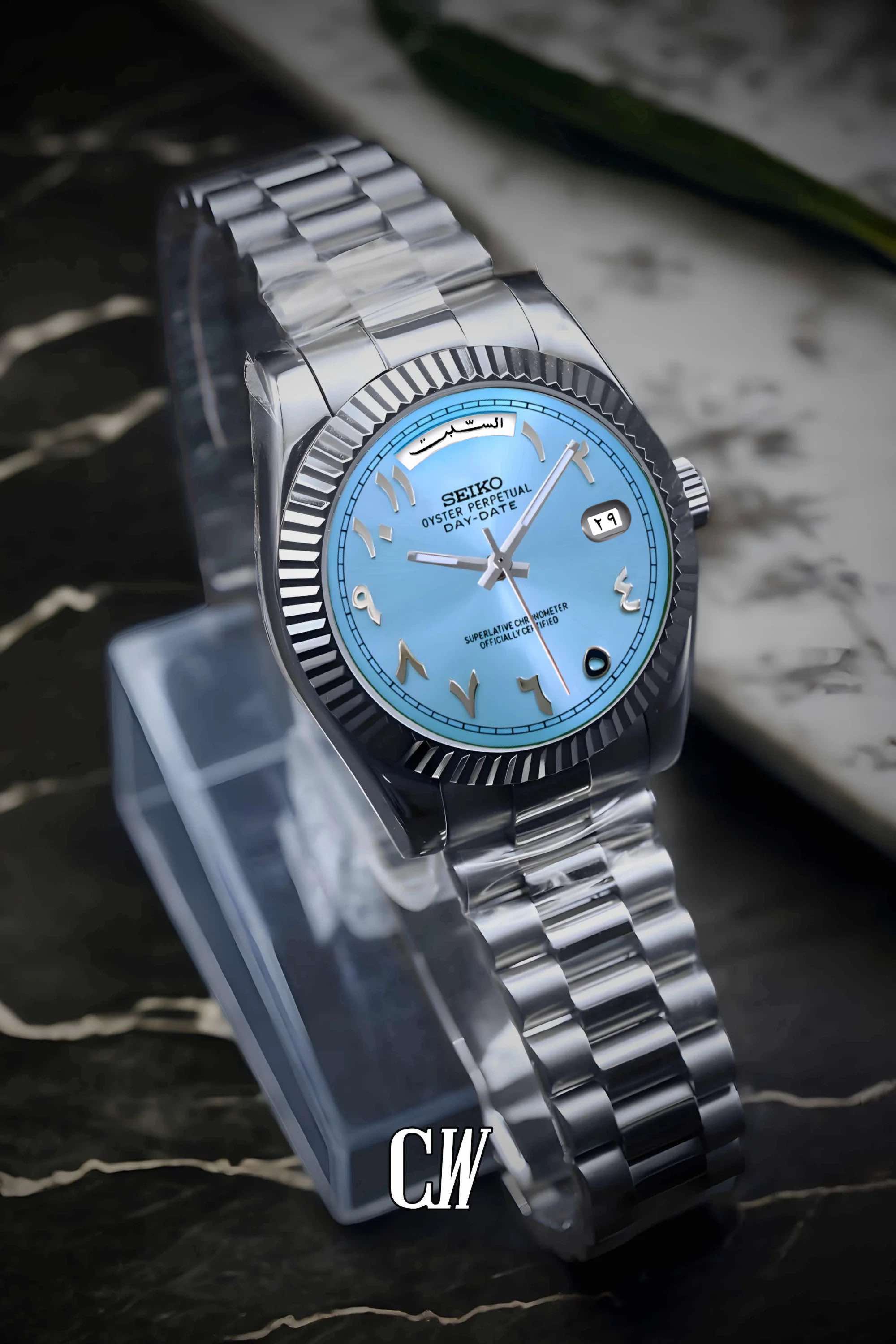 Seikojust mod daydate ice blue arabic automatic watch - Circa Watch Labs