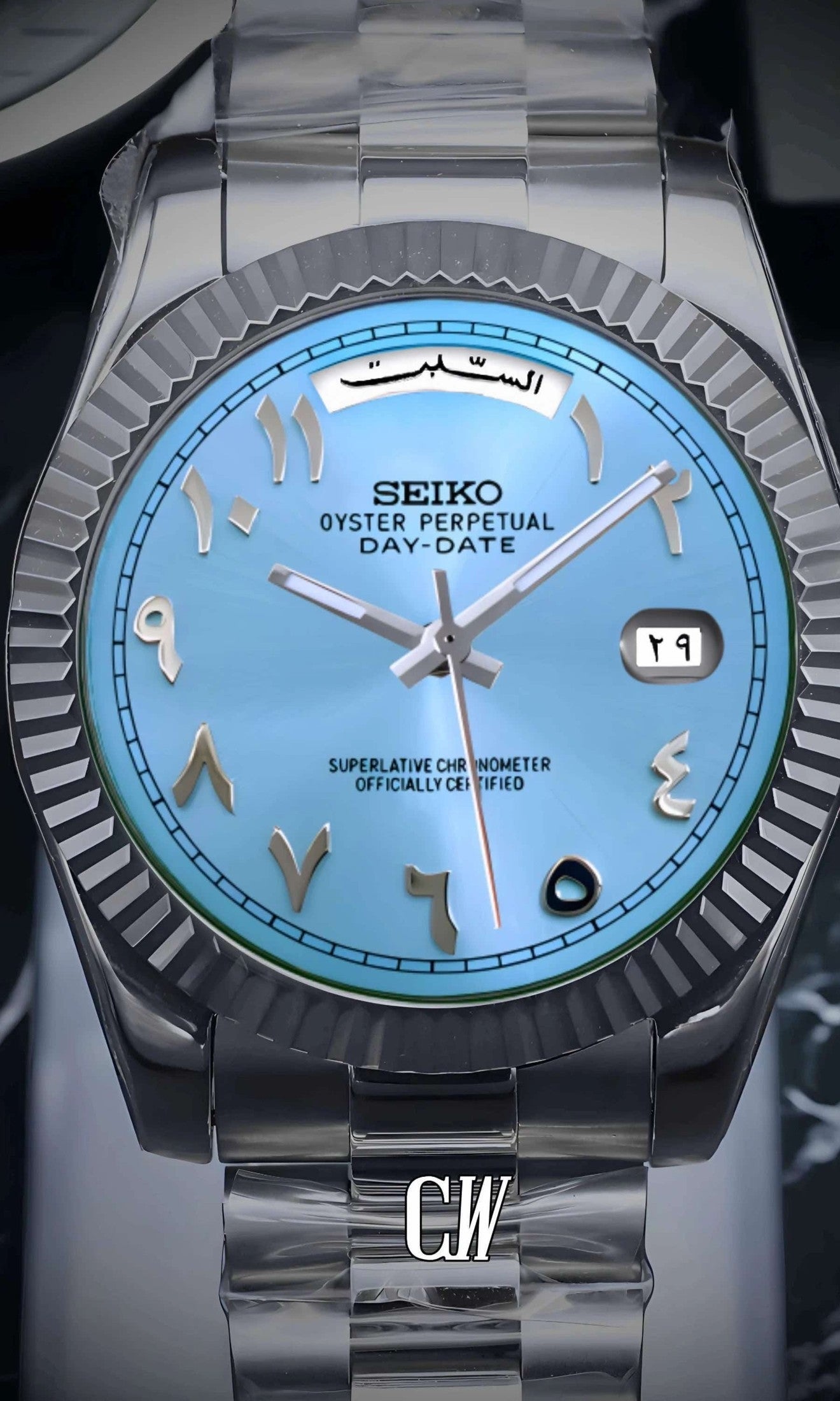 Seikojust mod daydate ice blue arabic automatic watch - Circa Watch Labs