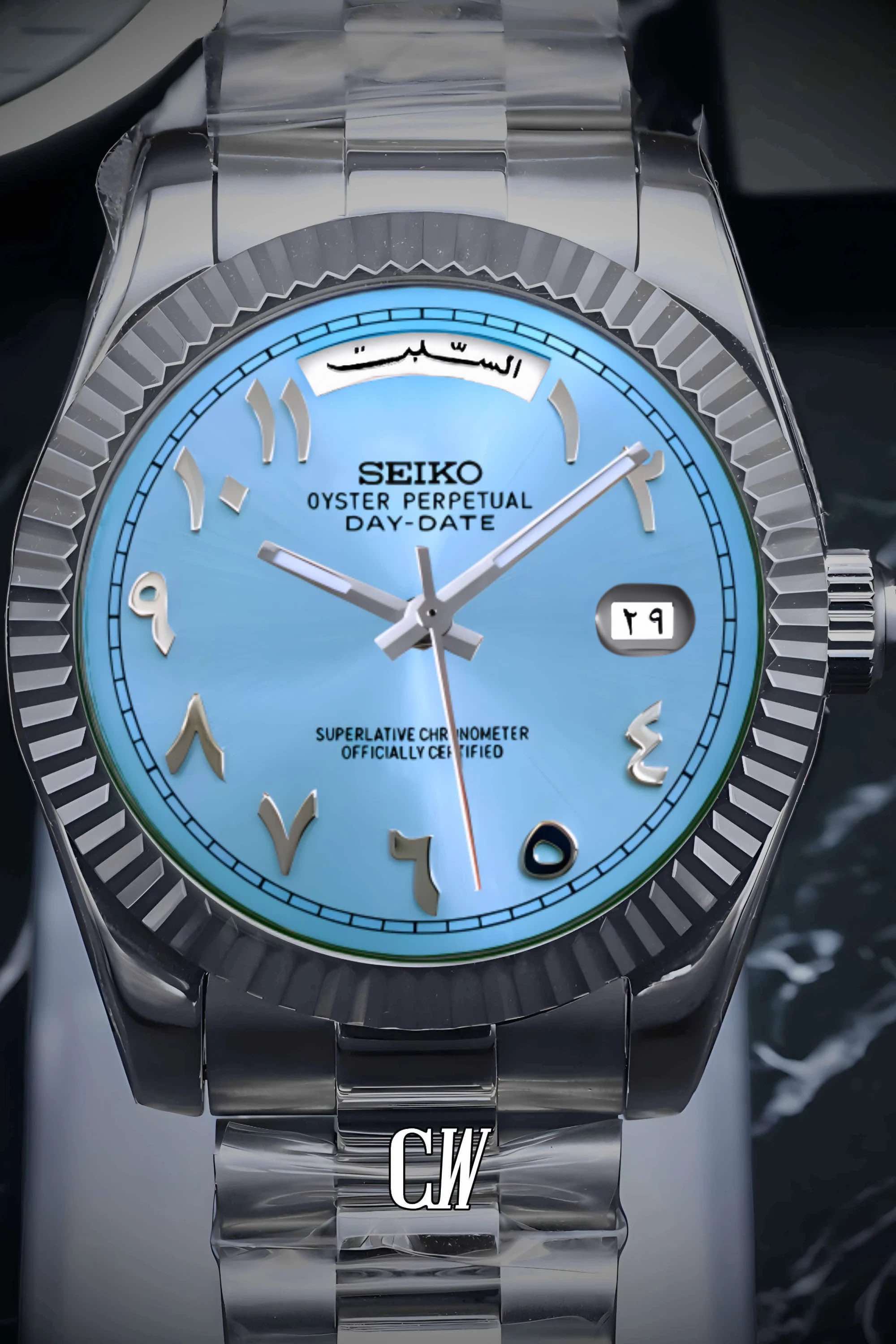 Seikojust mod daydate ice blue arabic automatic watch - Circa Watch Labs