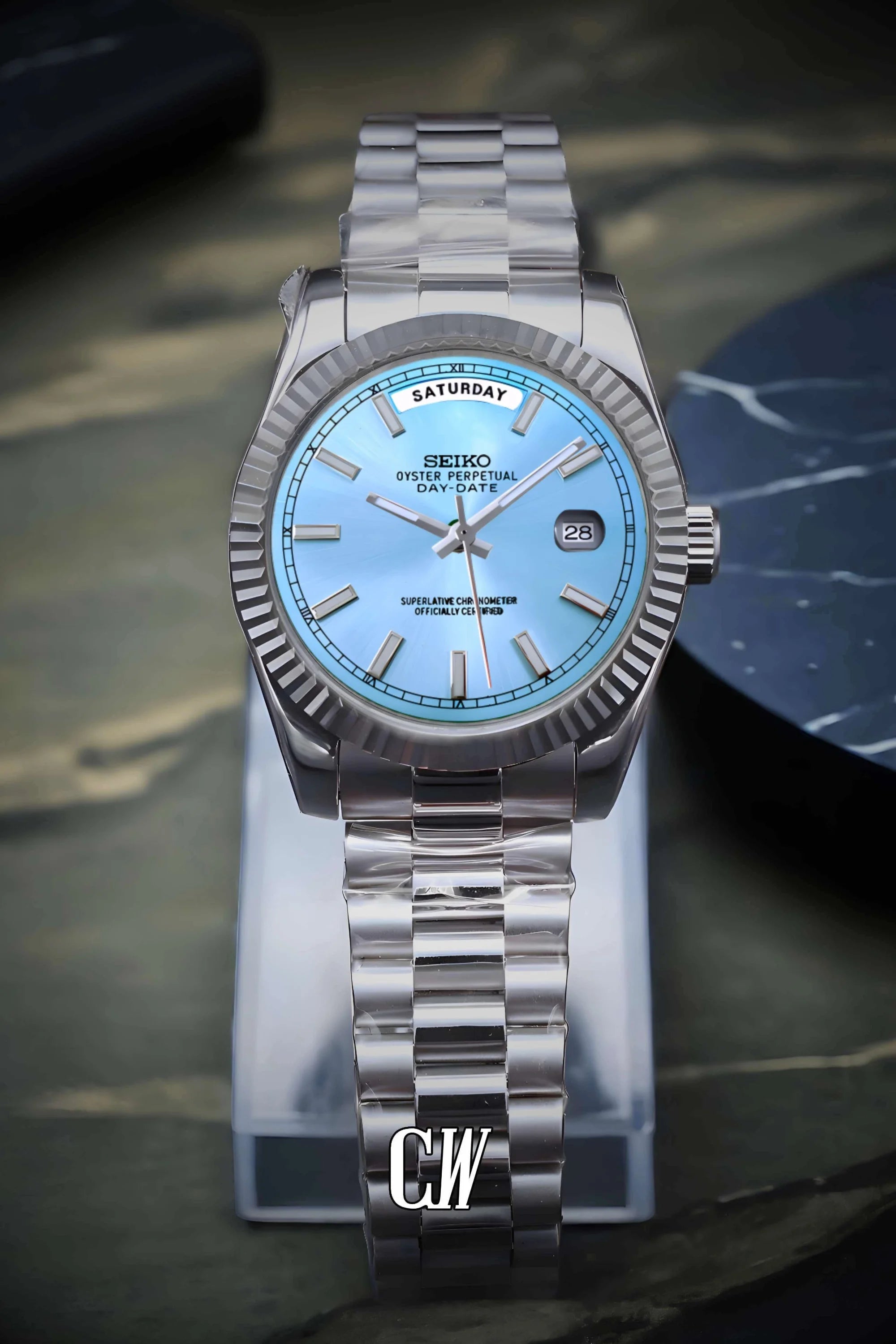 Seikojust mod daydate ice blue automatic watch - Circa Watch Labs seiko mod