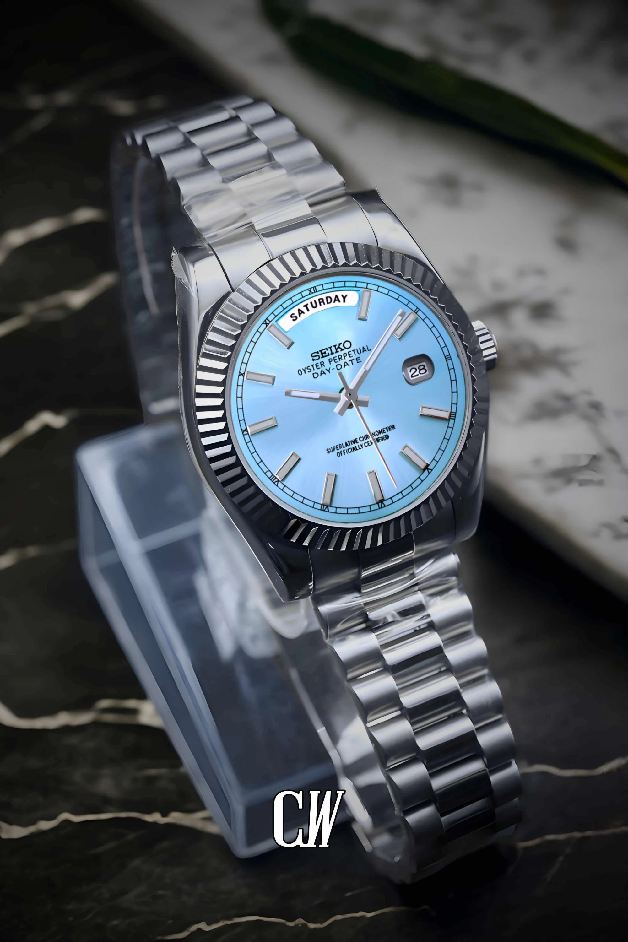 Seikojust mod daydate ice blue automatic watch - Circa Watch Labs seiko mod