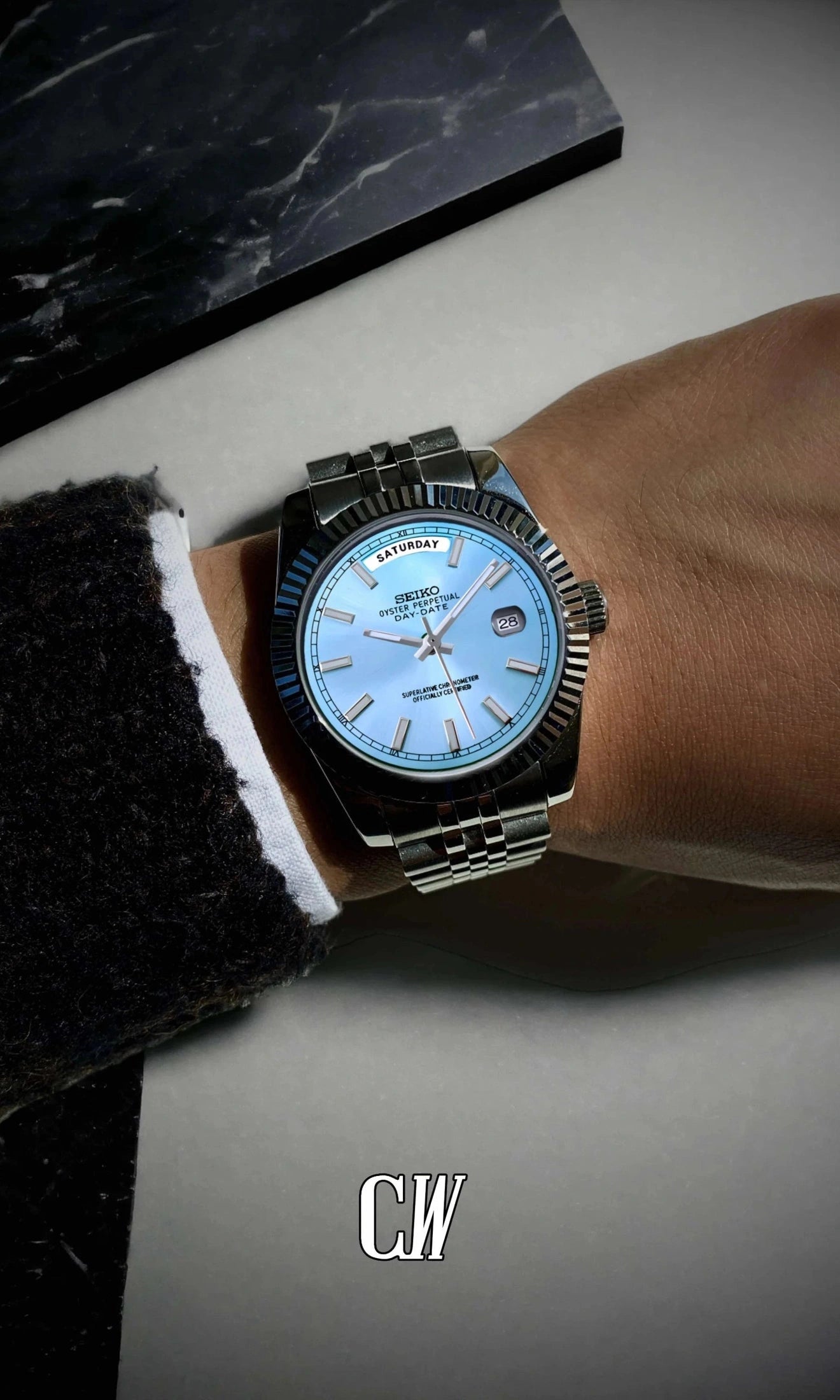 Seikojust mod daydate ice blue automatic watch - Circa Watch Labs