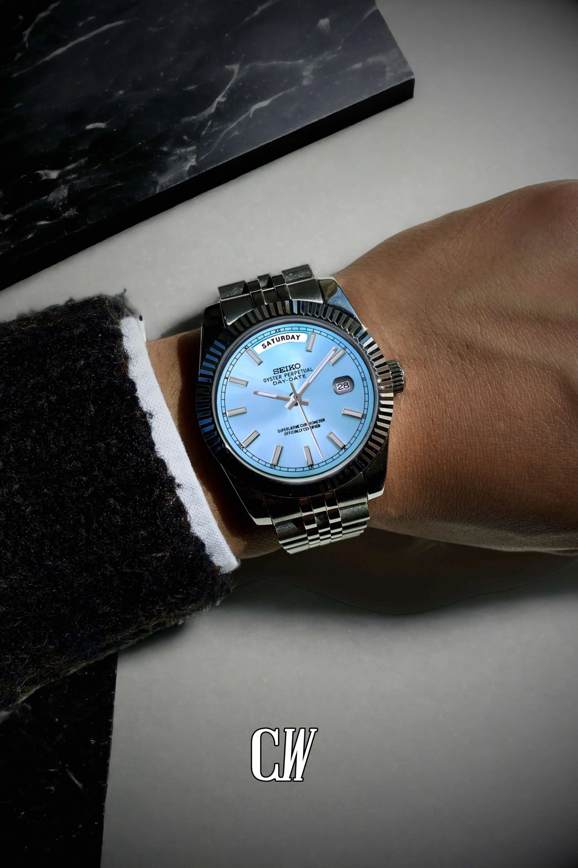 Seikojust mod daydate ice blue automatic watch - Circa Watch Labs seiko mod