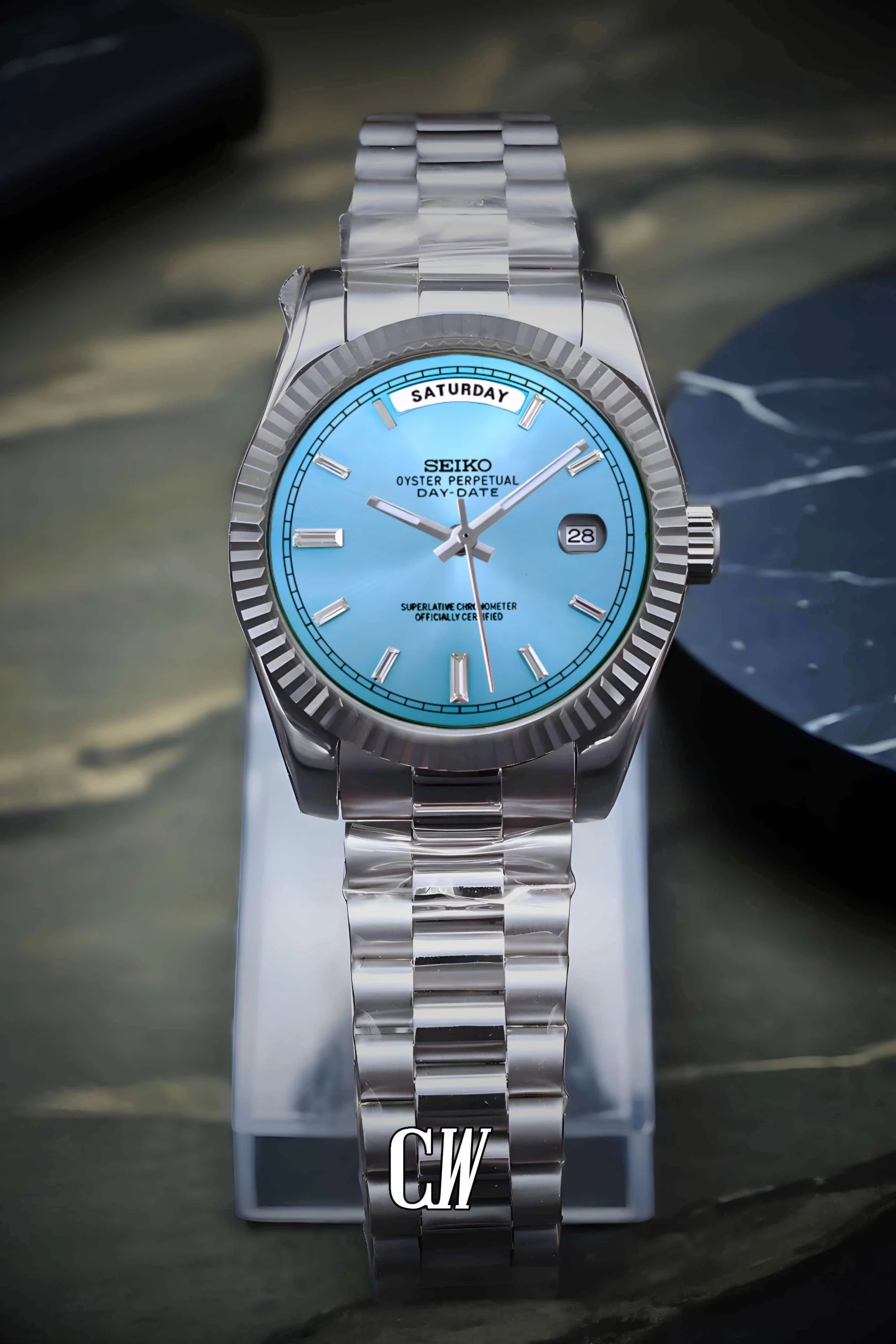 Seikojust mod daydate ice blue baguette automatic watch - Circa Watch Labs