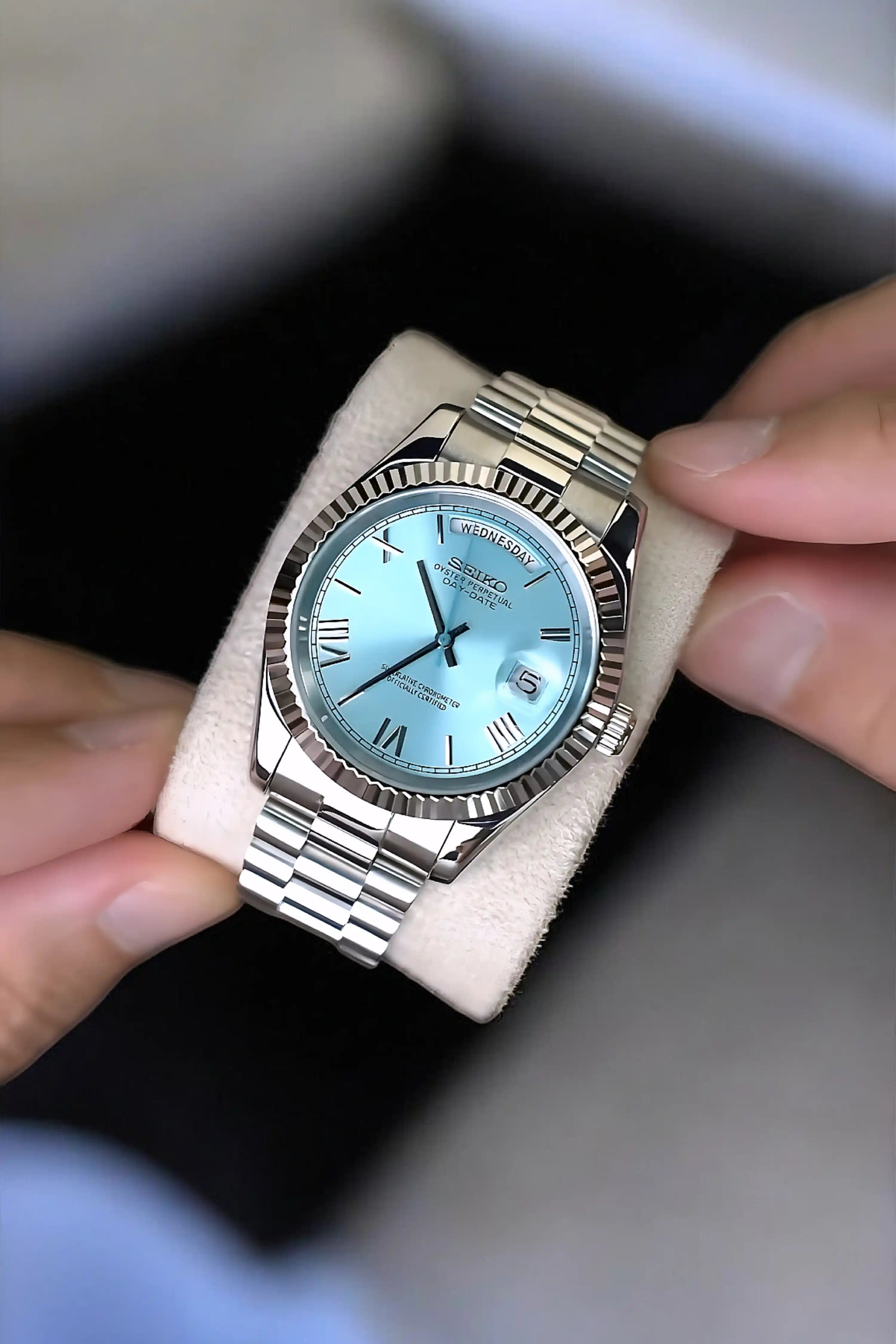 Seikojust mod daydate ice blue roman numeral automatic watch - Circa Watch Labs seiko mod
