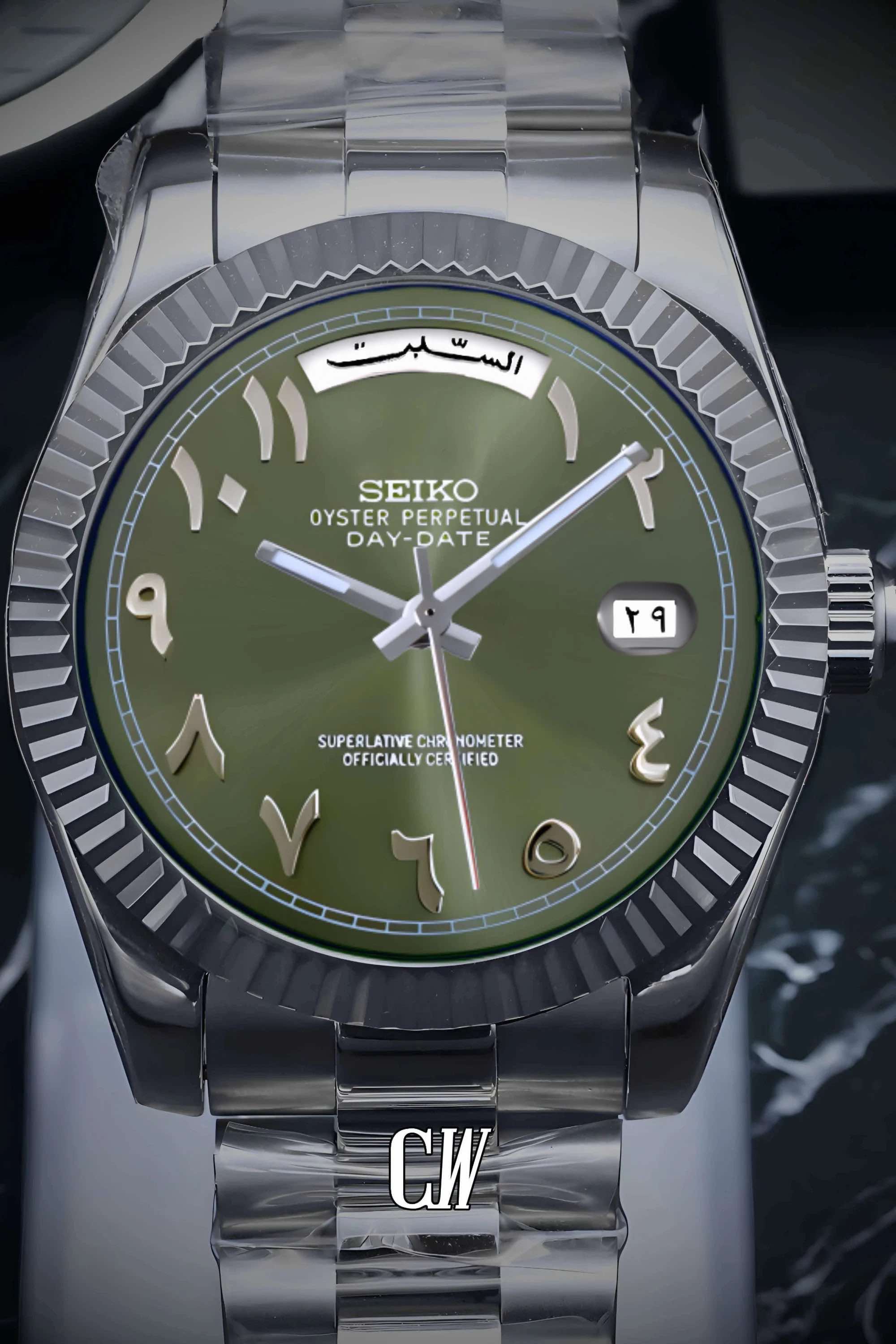 Seikojust mod daydate olive green arabic automatic watch - Circa Watch Labs