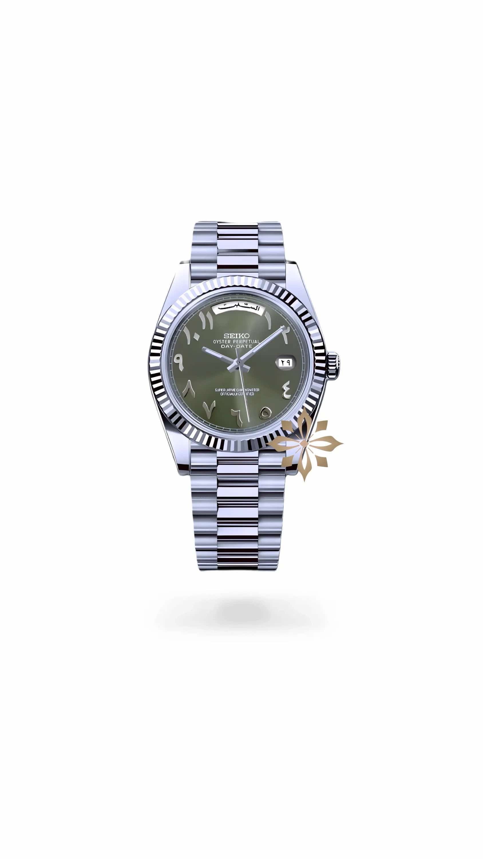 Seikojust mod daydate olive green arabic automatic watch - Circa Watch Labs