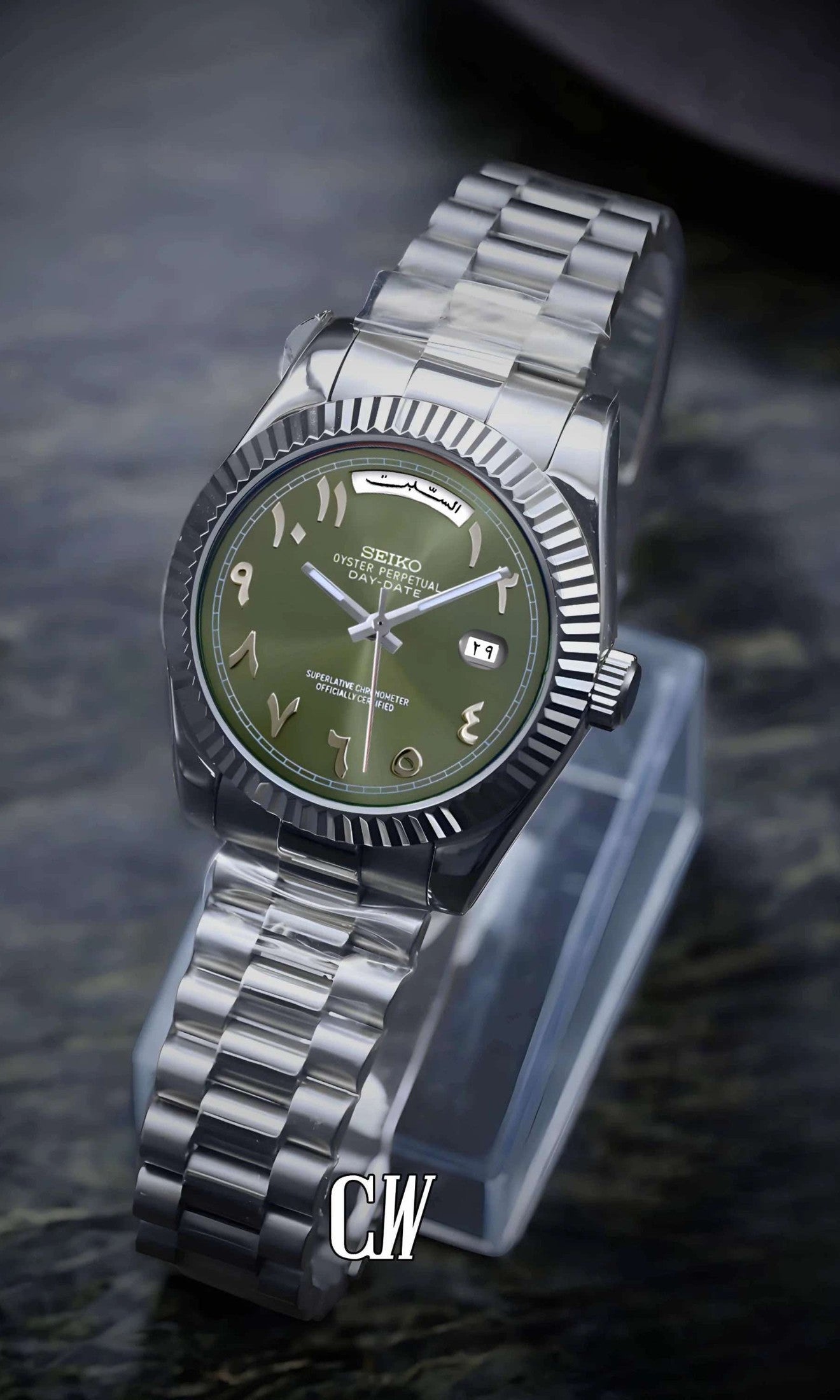 Seikojust mod daydate olive green arabic automatic watch