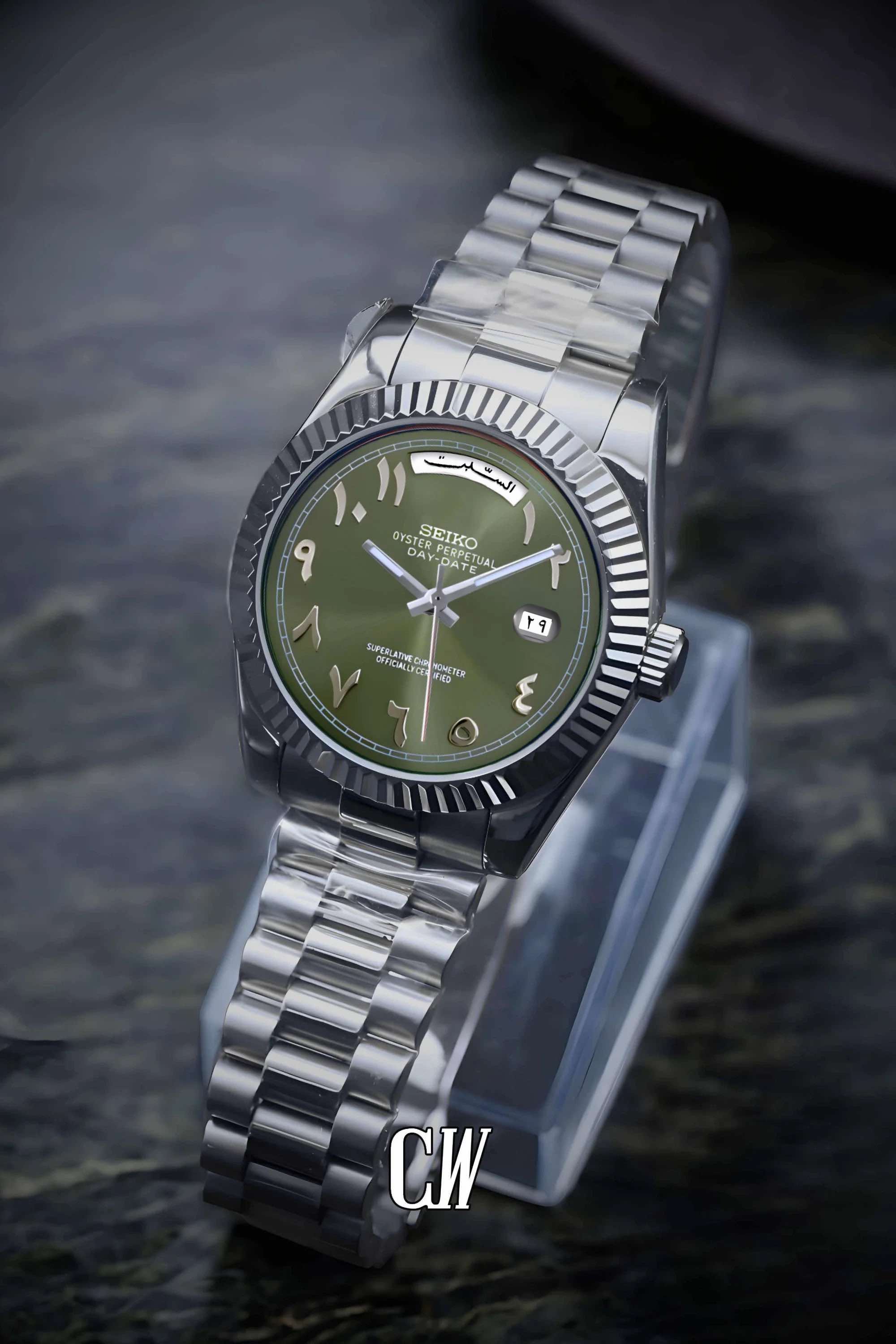 Seikojust mod daydate olive green arabic automatic watch - Circa Watch Labs