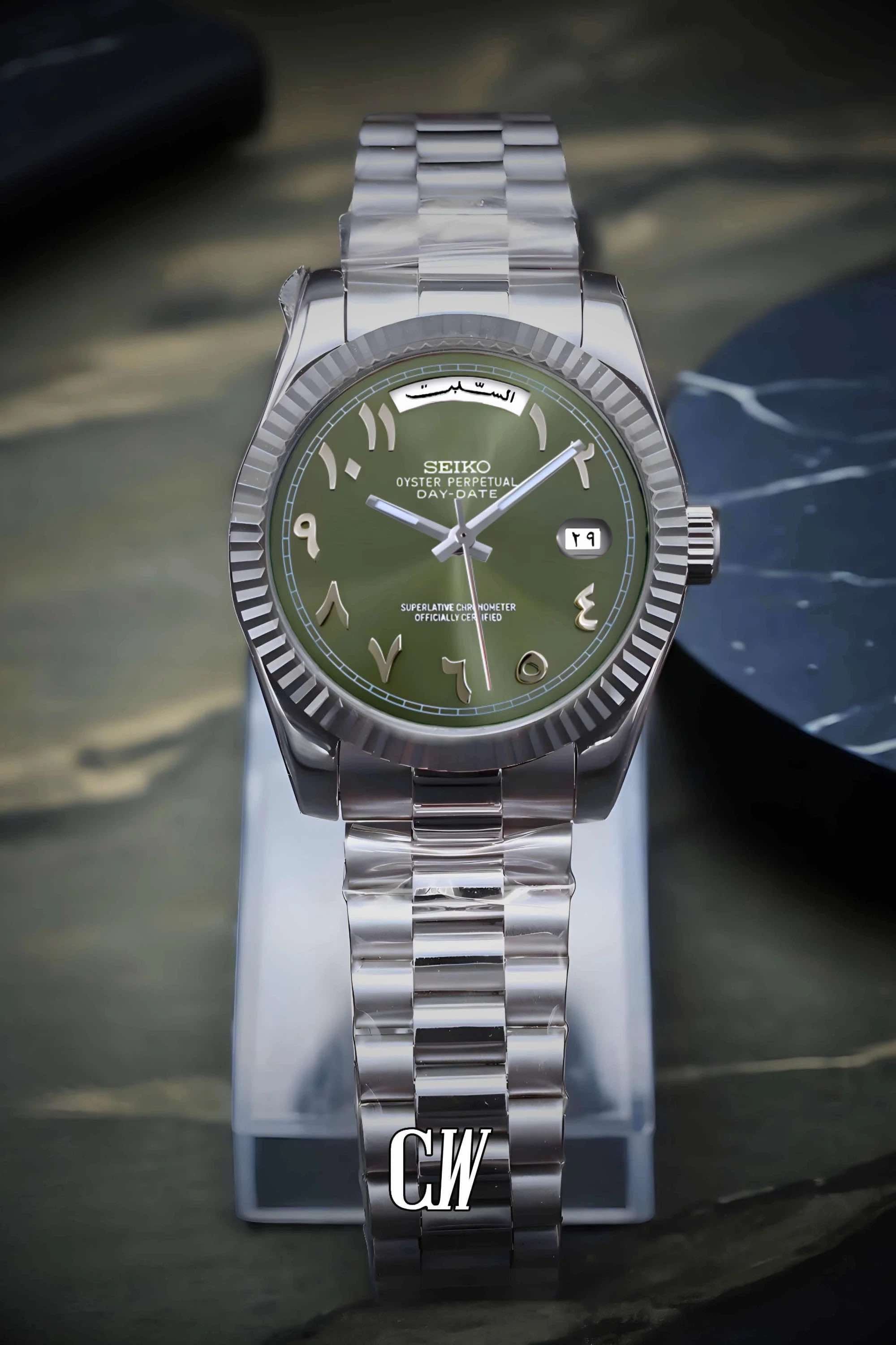 Seikojust mod daydate olive green arabic automatic watch - Circa Watch Labs