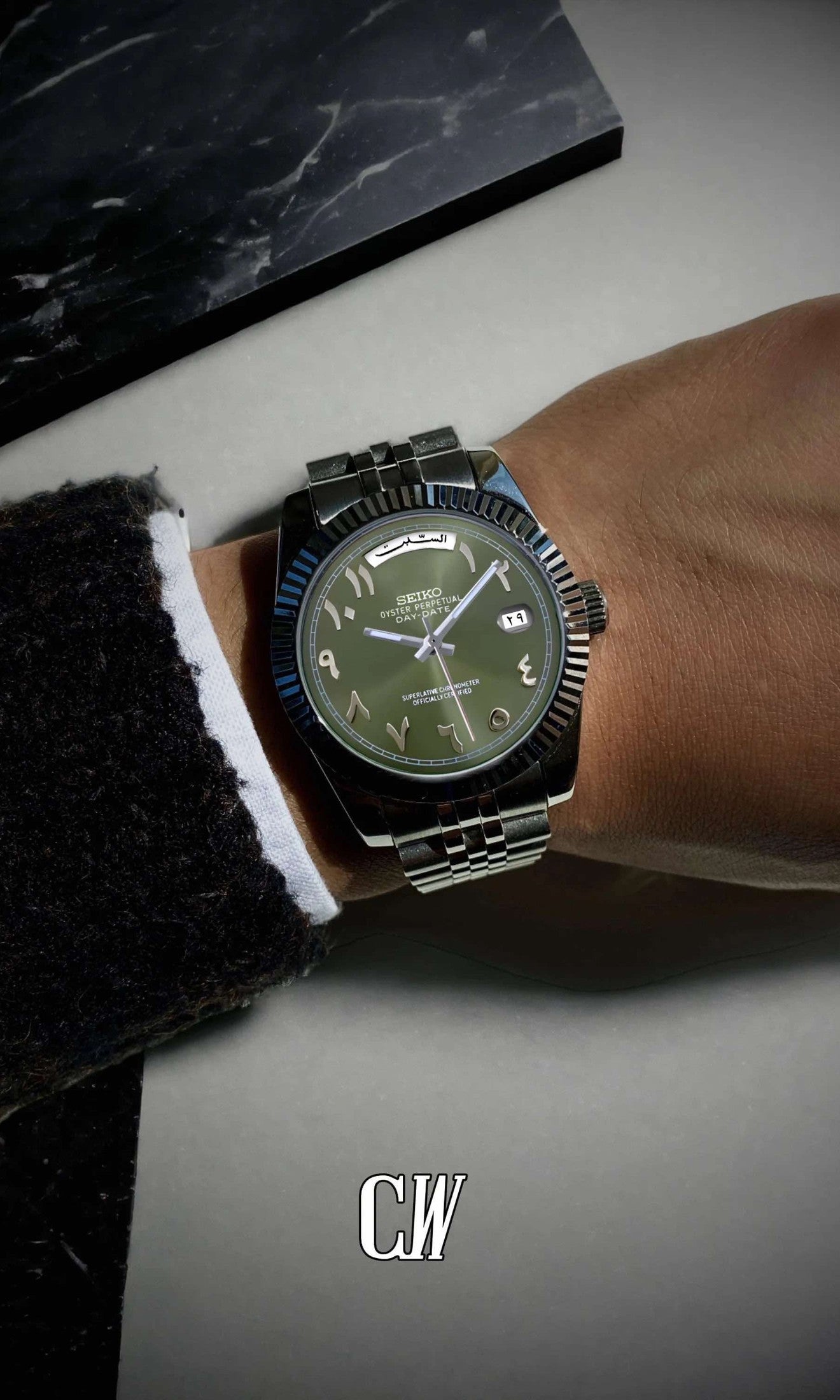 Seikojust mod daydate olive green arabic automatic watch - Circa Watch Labs