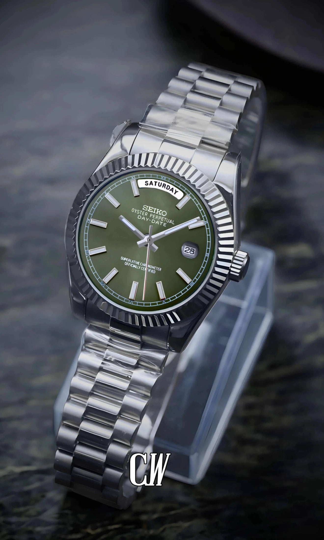 Seikojust mod daydate olive green automatic watch - Circa Watch Labs