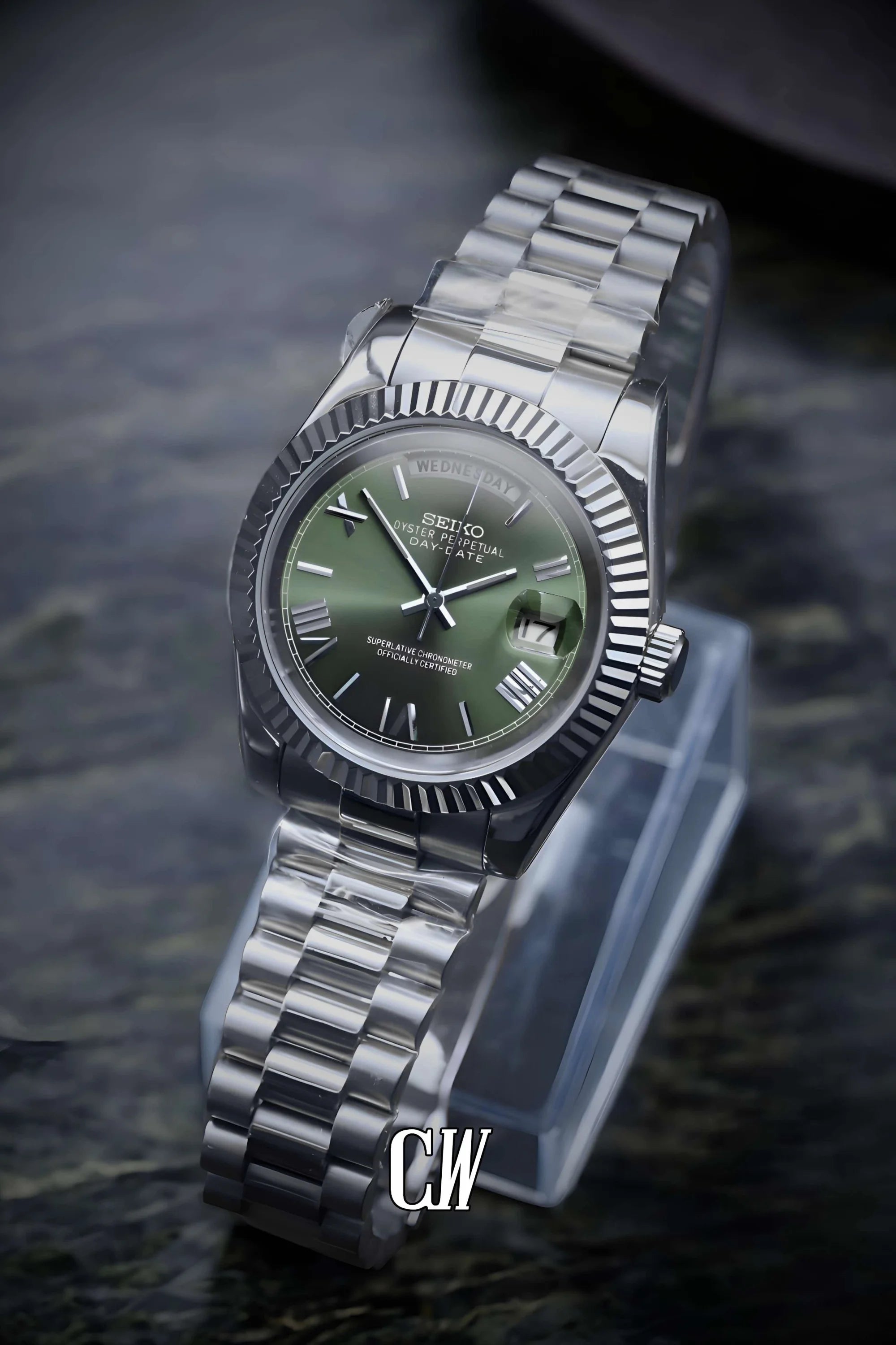Seikojust mod daydate olive green roman automatic watch - Circa Watch Labs seiko mod