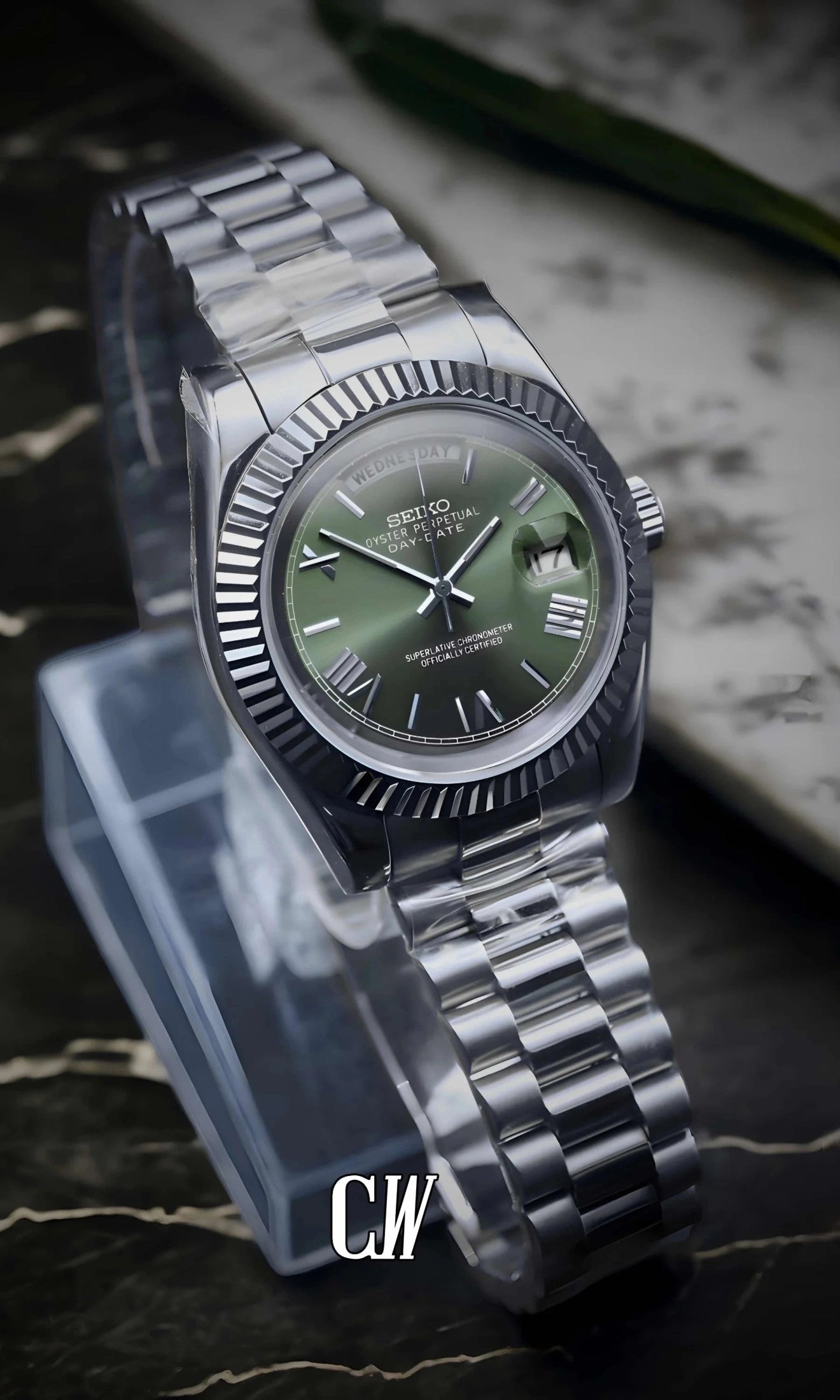 Seikojust mod daydate olive green roman automatic watch - Circa Watch Labs