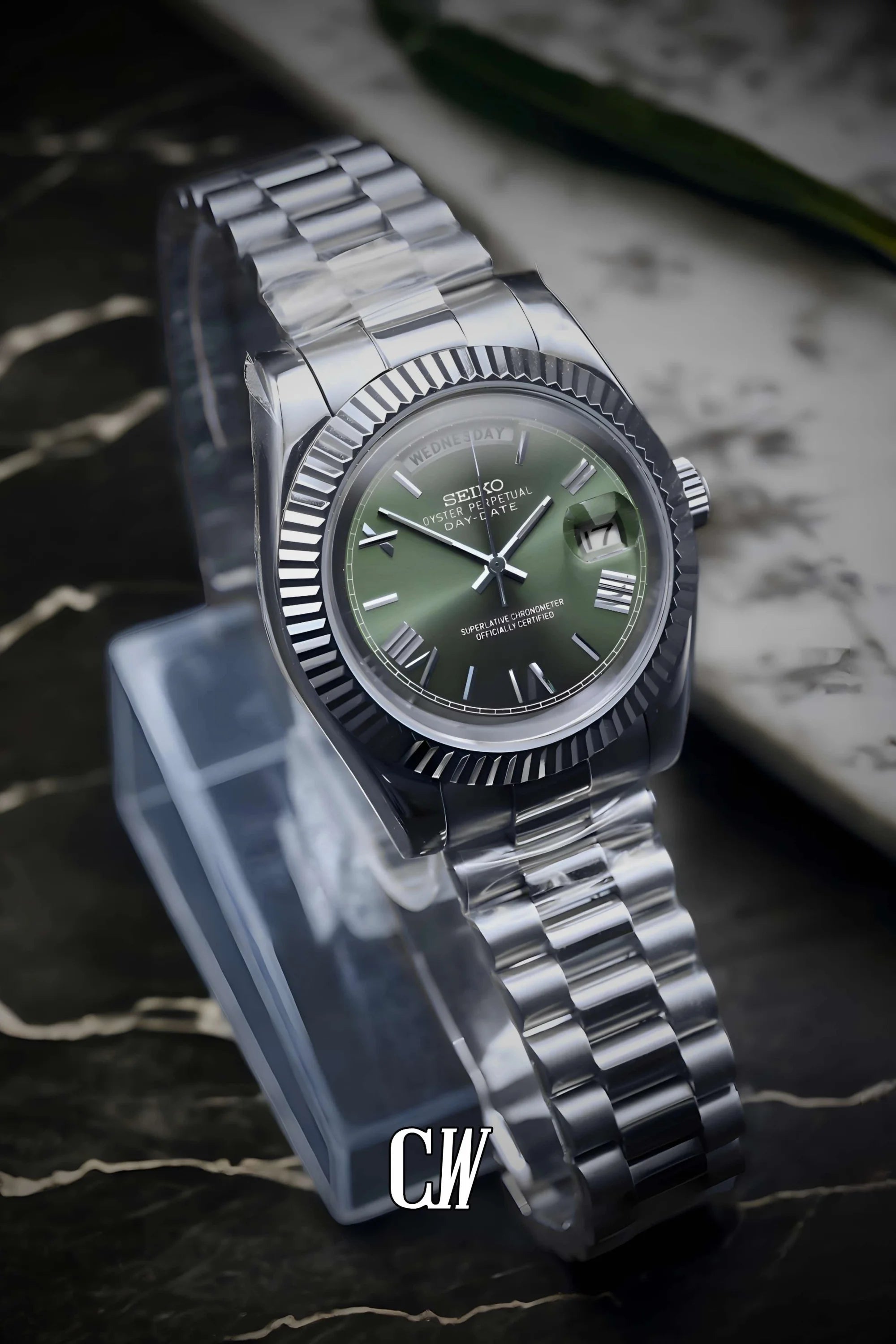 Seikojust mod daydate olive green roman automatic watch - Circa Watch Labs seiko mod
