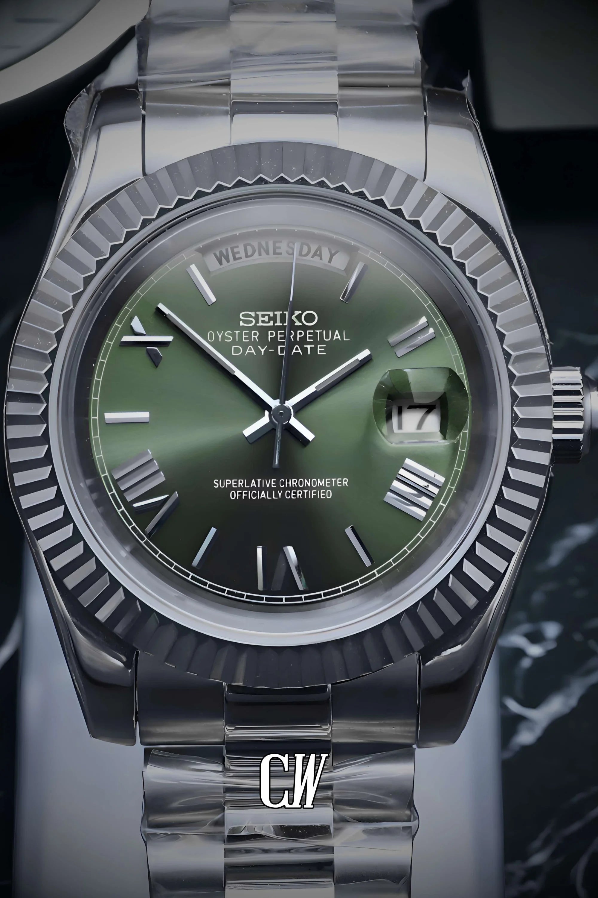 Seikojust mod daydate olive green roman automatic watch - Circa Watch Labs seiko mod
