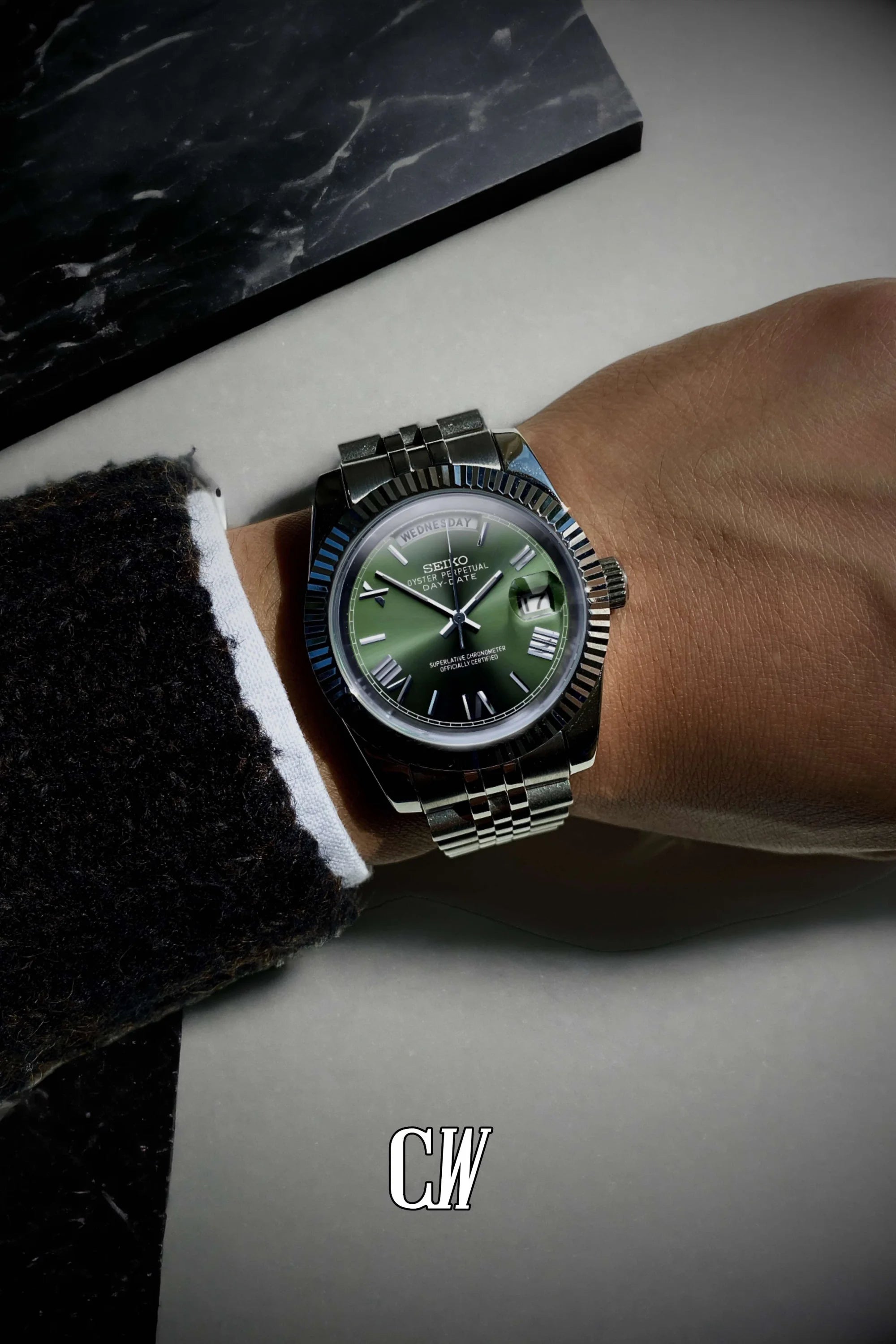Seikojust mod daydate olive green roman automatic watch - Circa Watch Labs seiko mod
