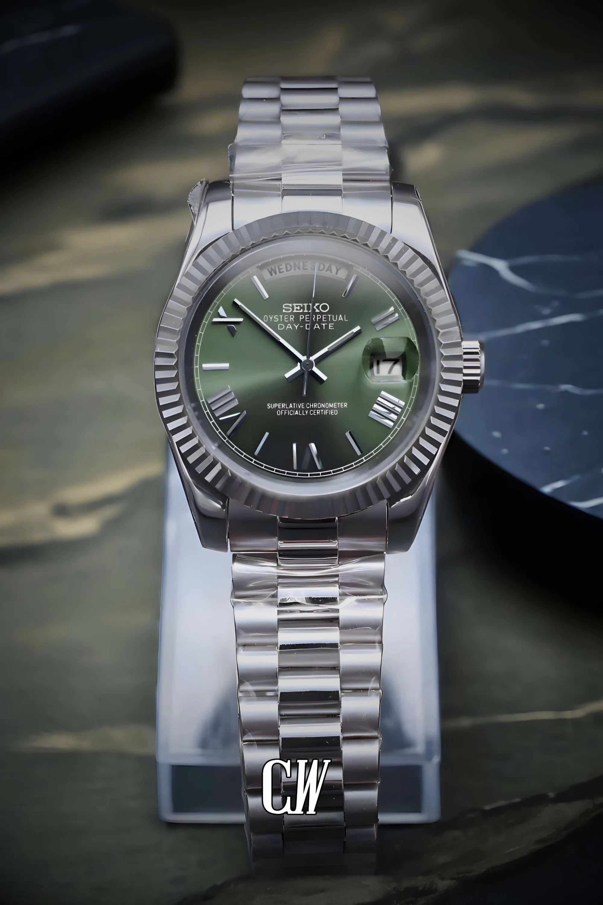 Seikojust mod daydate olive green roman automatic watch - Circa Watch Labs seiko mod
