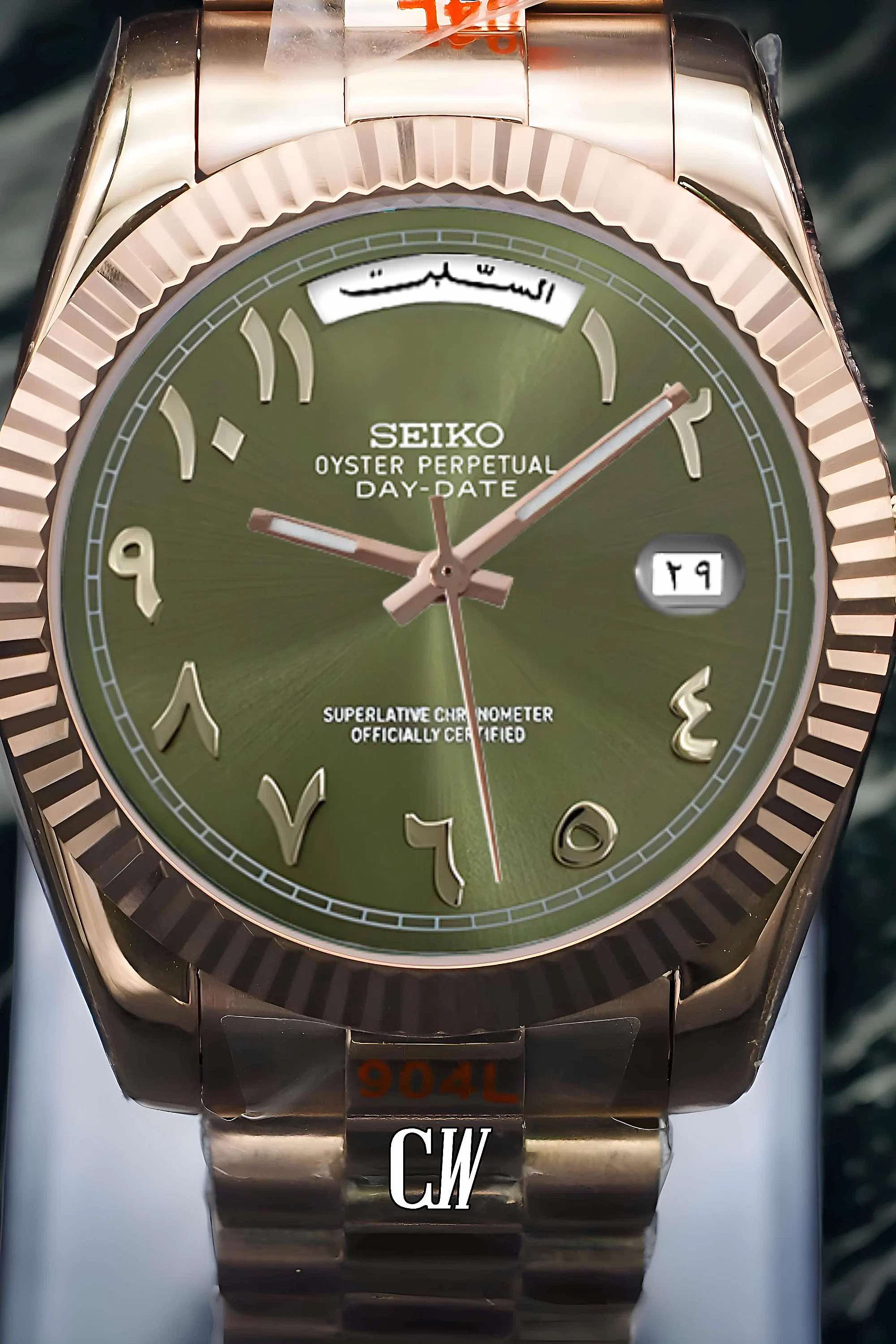 Seikojust mod daydate olive green rose gold arabic automatic watch - Circa Watch Labs seiko mod