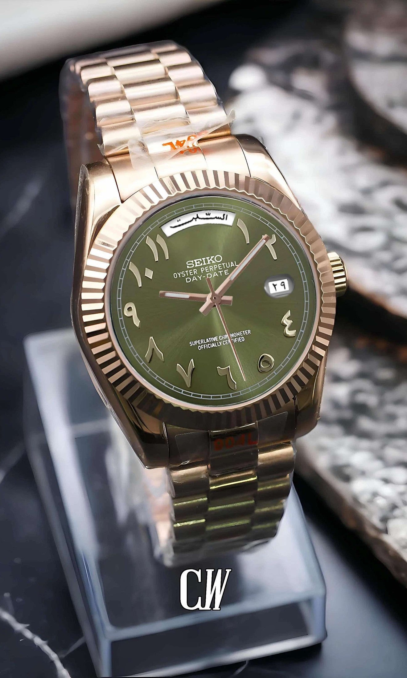 Seikojust mod daydate olive green rose gold arabic automatic watch - Circa Watch Labs