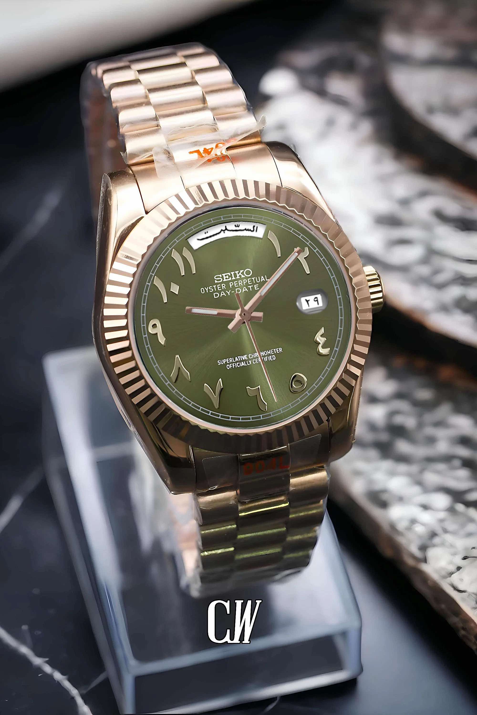 Seikojust mod daydate olive green rose gold arabic automatic watch - Circa Watch Labs seiko mod