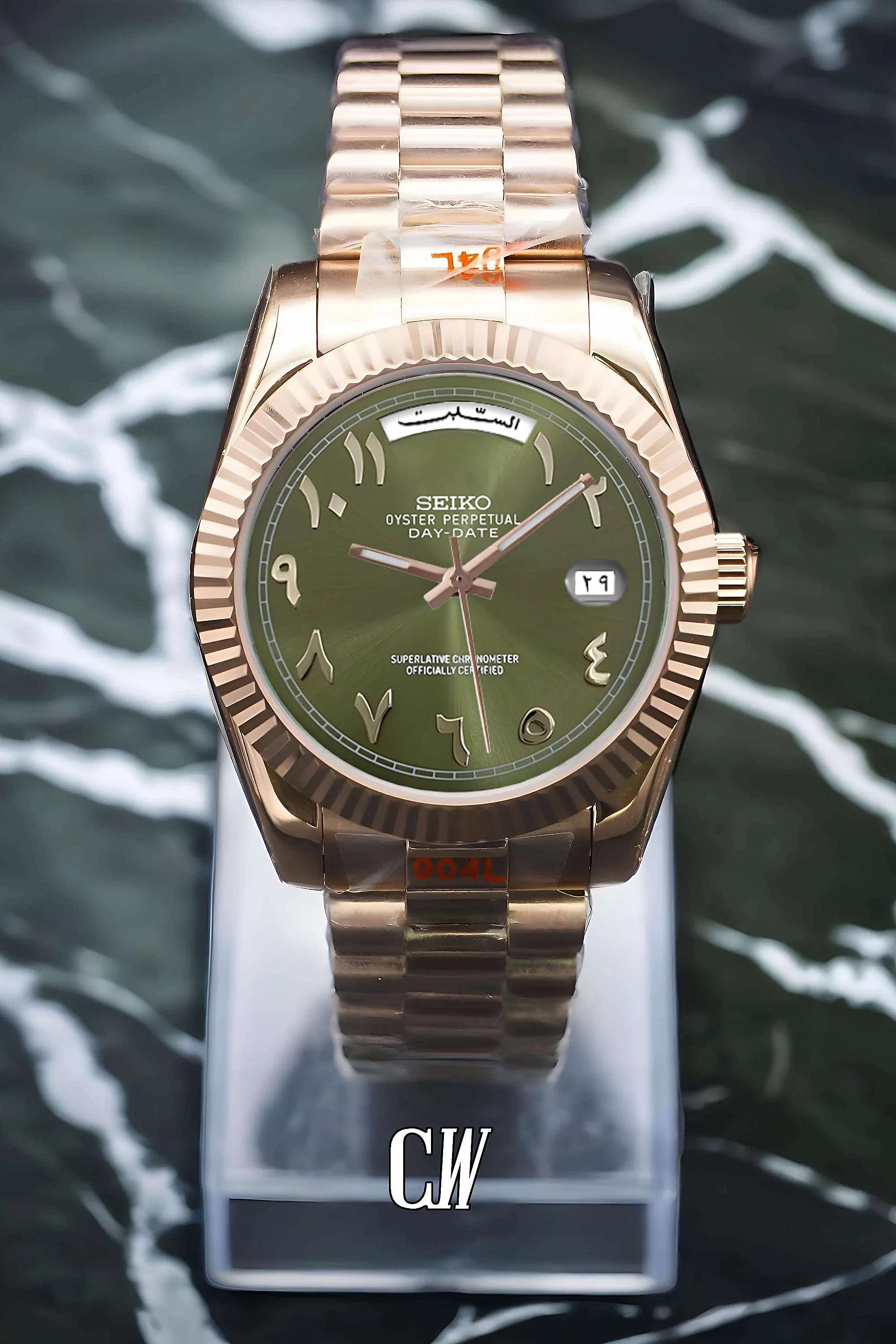Seikojust mod daydate olive green rose gold arabic automatic watch - Circa Watch Labs