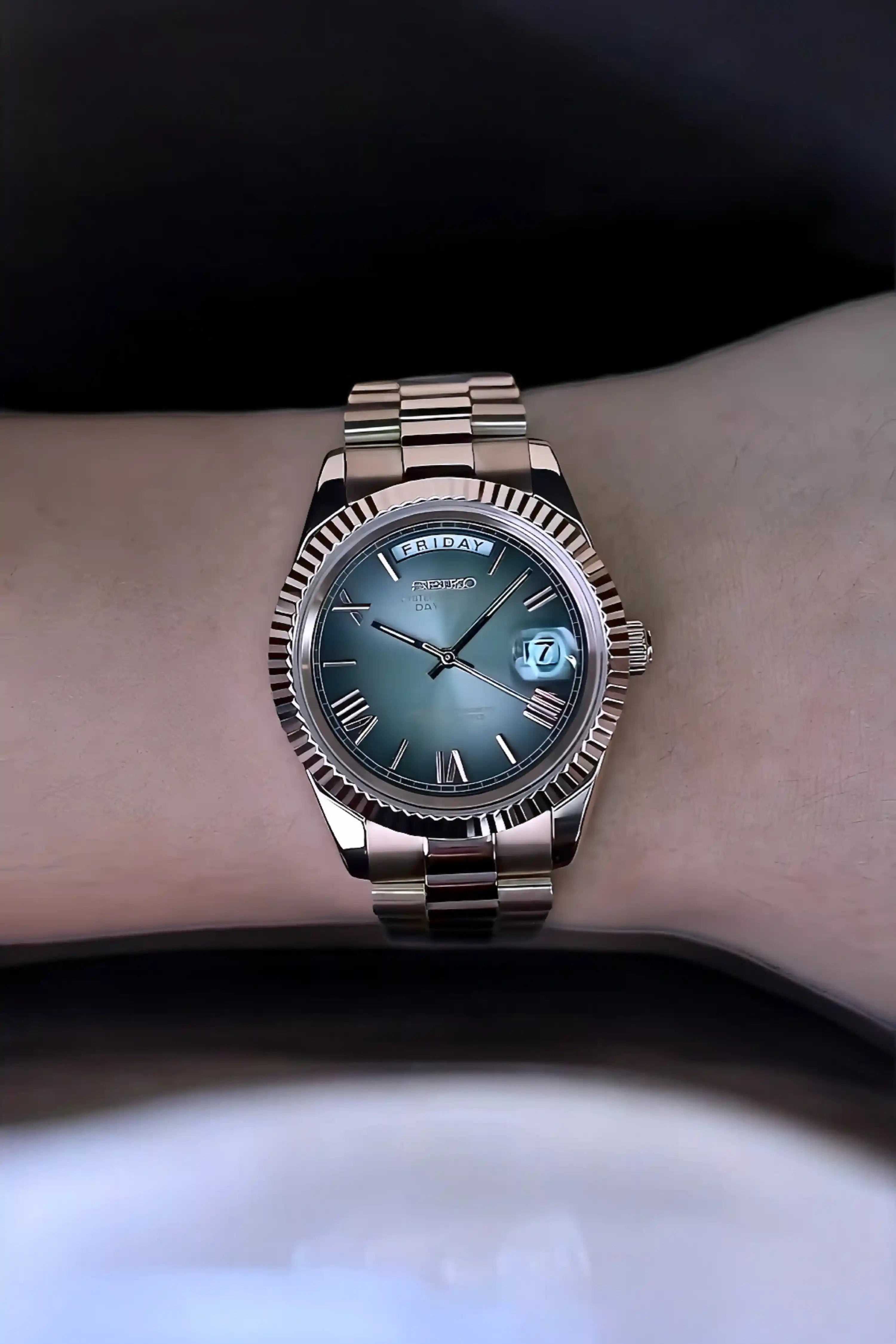 Seikojust mod daydate ombré rose gold roman numeral automatic watch - Circa Watch Labs seiko mod