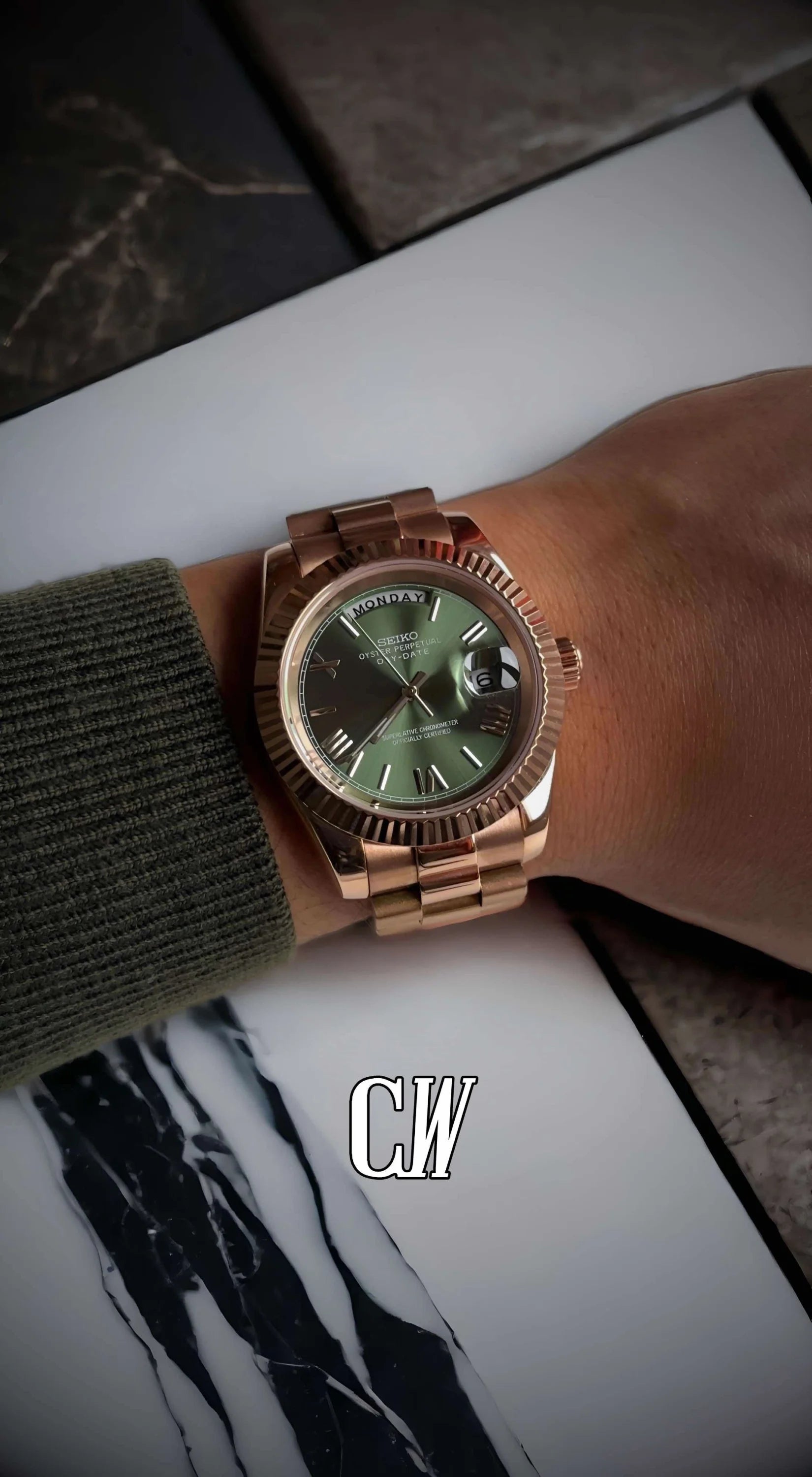 Seikojust mod daydate rose gold automatic watch - Circa Watch Labs seiko mod