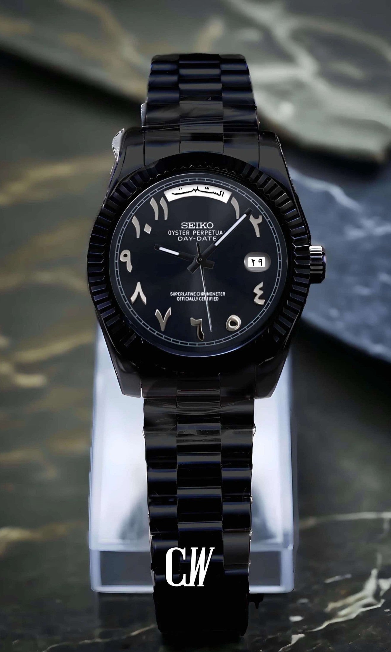 Seikojust mod daydate triple black arabic automatic watch - Circa Watch Labs seiko mod