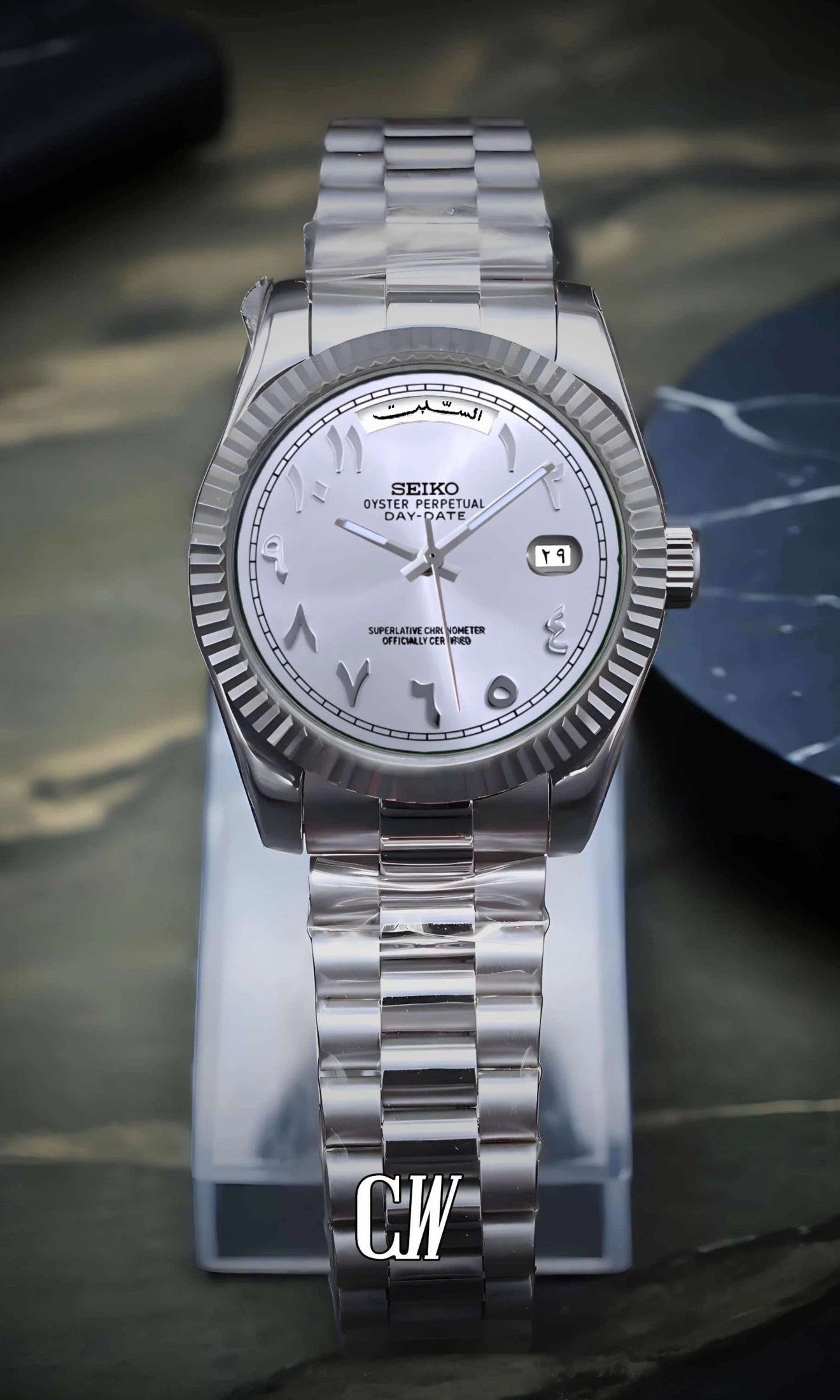 Seikojust mod daydate white arabic automatic watch - Circa Watch Labs seiko mod