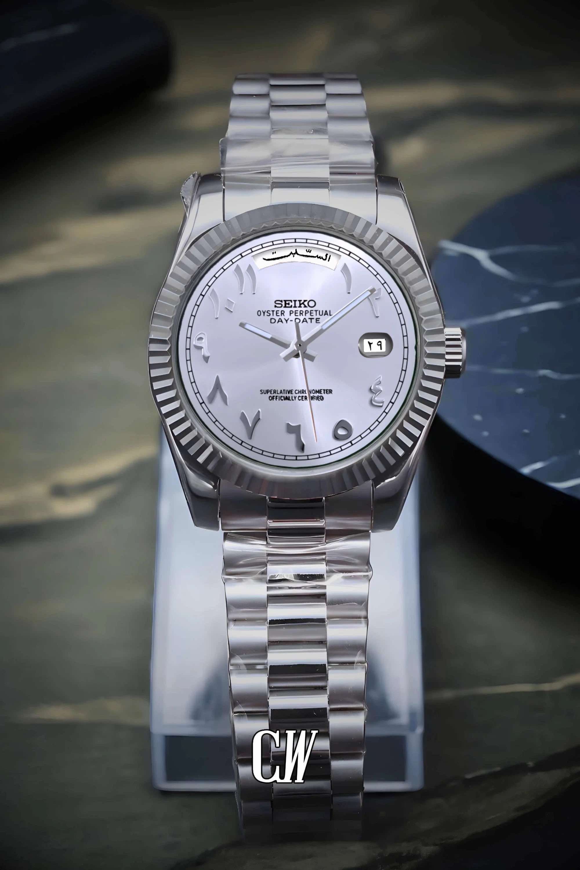 Seikojust mod daydate white arabic automatic watch - Circa Watch Labs