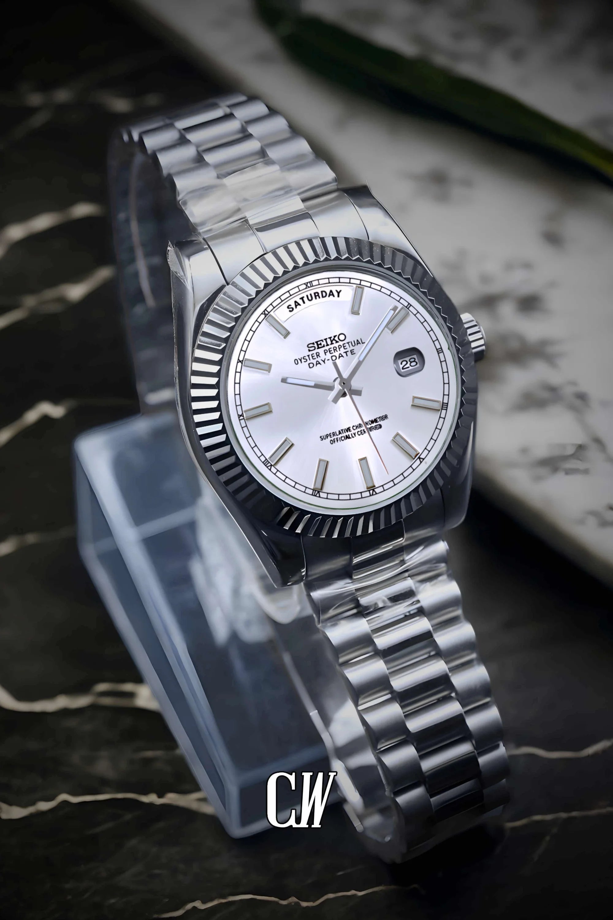 Seikojust mod daydate white automatic watch - Circa Watch Labs